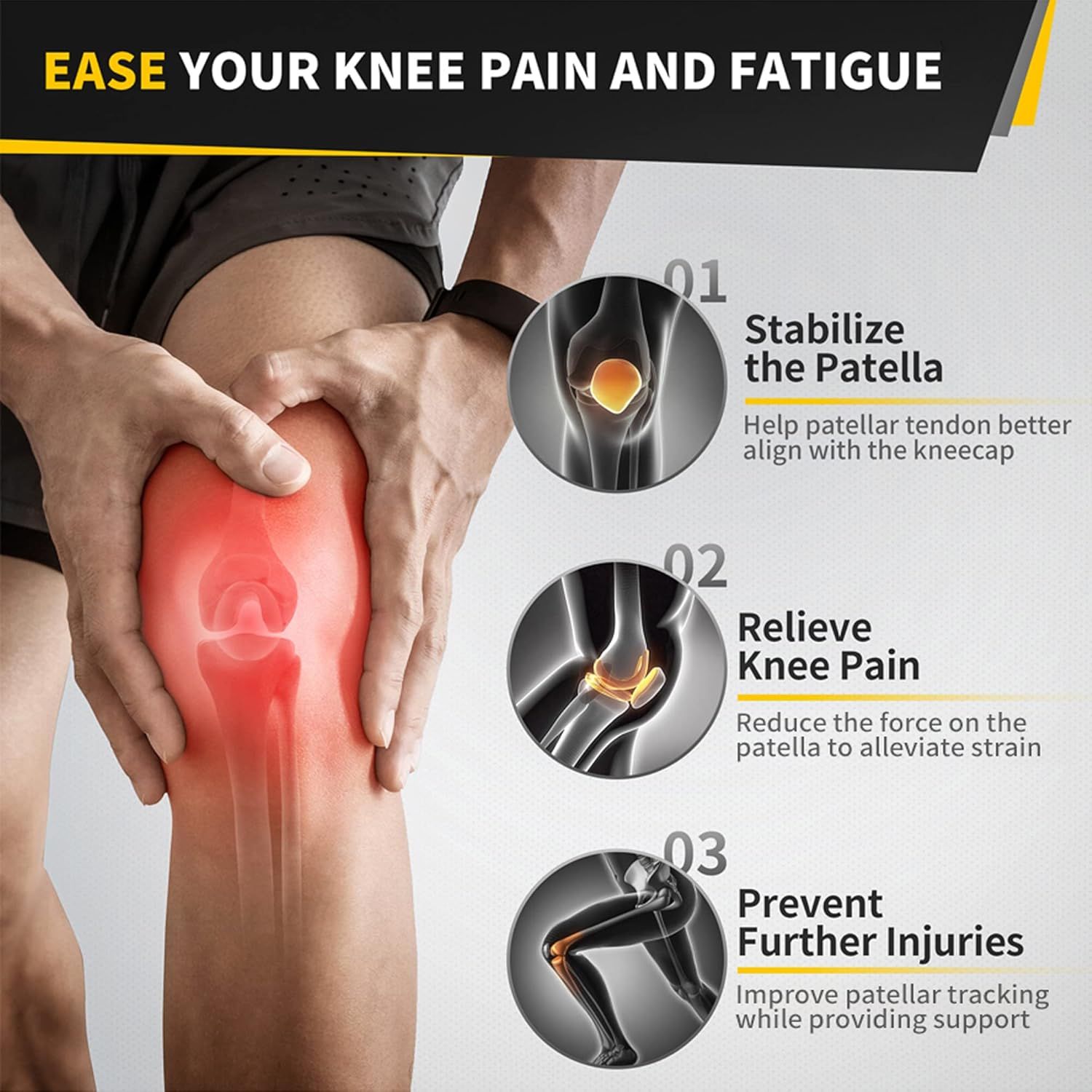 Communicates three distinct benefits of the knee support product: stabilizing the patella, relieving pain, and preventing injuries, reassuring shoppers of comprehensive knee support.