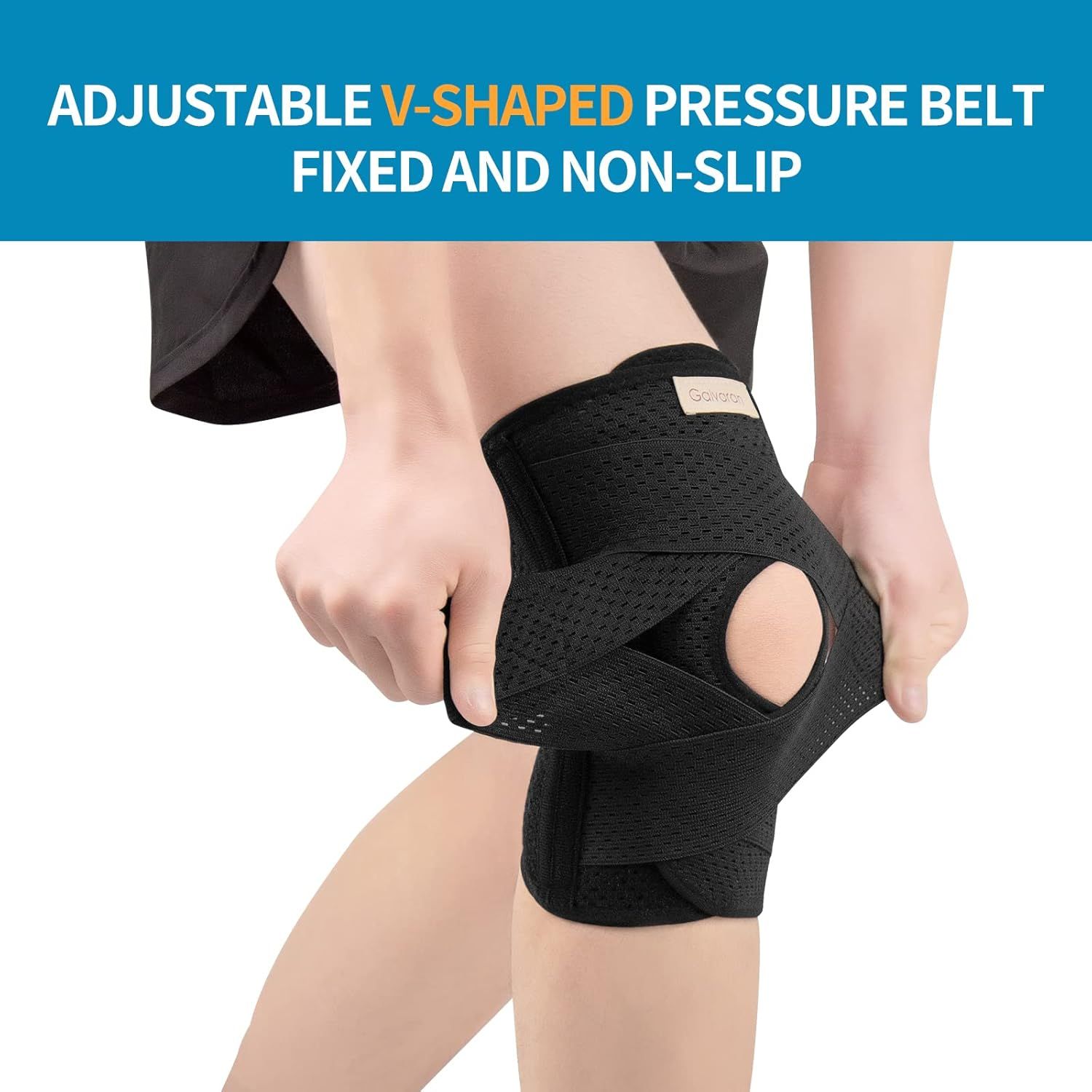 Highlights the structural design of the knee brace, emphasizing the V-shaped pressure belt system and adjustable straps that provide secure, non-slip support. Communicates the benefit of a fixed,…