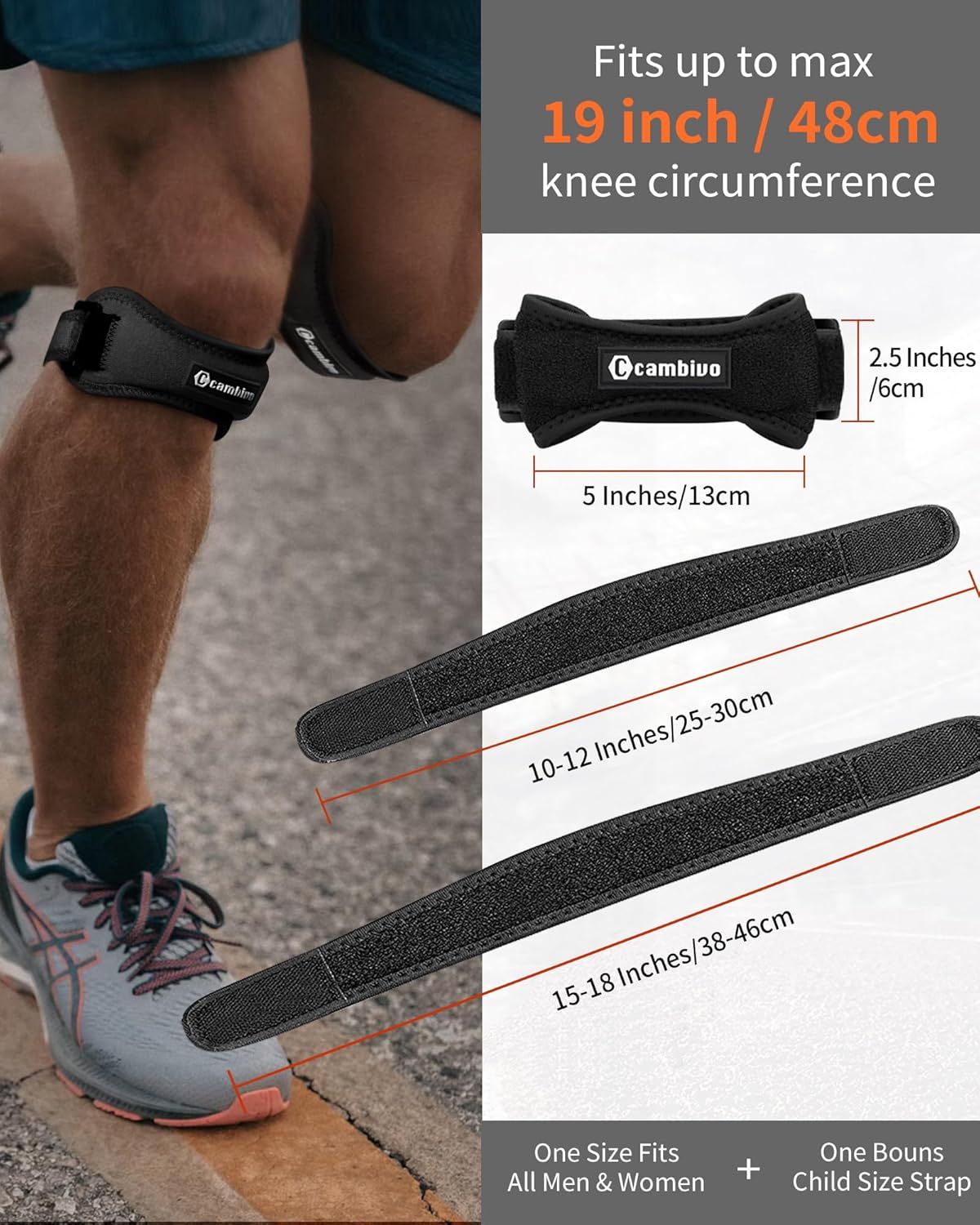 Communicates the exact physical dimensions of the knee strap and its adjustable straps, along with the maximum knee circumference it fits, to help shoppers determine if the product will fit them…