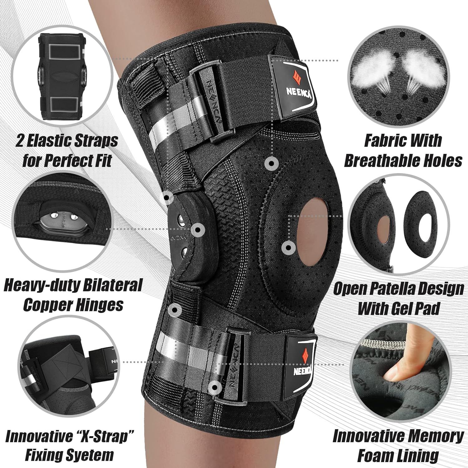 This image breaks down the knee brace's physical components and construction features to help shoppers understand the product's structural design and quality materials.