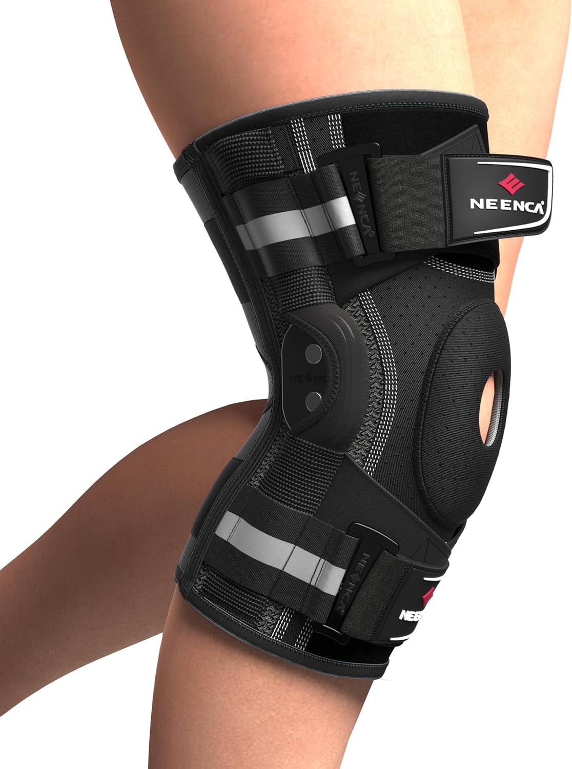 Demonstrates the product worn on a person's knee in a real-world context to help shoppers visualize fit, appearance, and how the brace looks when properly applied.