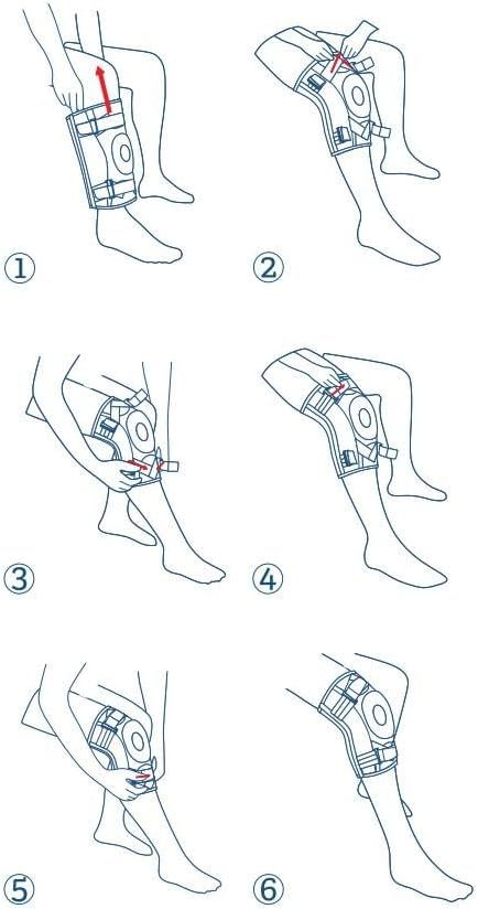Demonstrates the proper step-by-step process for applying and securing a knee brace or leg support device, helping shoppers understand how to correctly use the product.