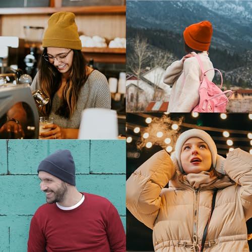 Demonstrates the product (beanie/hat) being worn in various real-life settings and seasons to show versatility and everyday wearability.