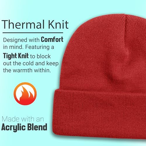 Communicates multiple distinct benefits of the beanie including thermal warmth, comfort design, tight knit construction for cold protection, and acrylic blend material in a segmented layout.