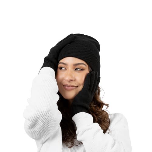Demonstrates the product (winter hat and gloves) being worn in a natural, relatable lifestyle context to help shoppers visualize themselves using the product.
