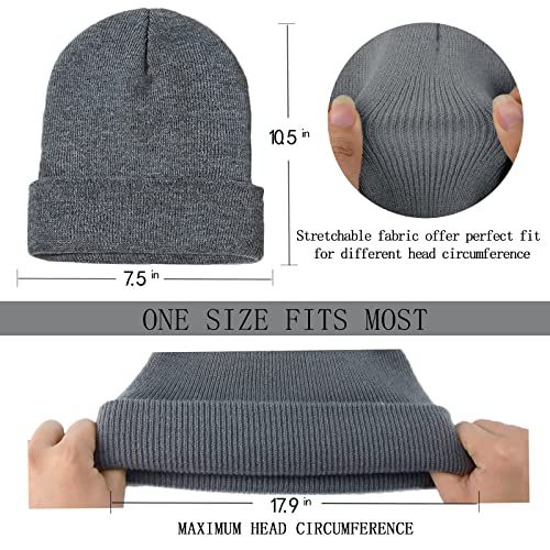 Communicates the exact physical measurements of the beanie (10.5 x 7.5 inches) and its stretchable fit capability (up to 17.9 inches head circumference) to help shoppers determine if it will fit them.