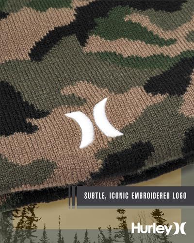 Highlights the Hurley brand's iconic embroidered logo on a camouflage fabric, emphasizing brand authenticity and premium craftsmanship.