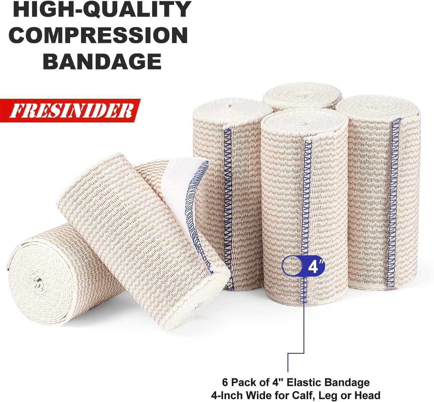 Shows the customer exactly what they will receive in the package: six 4-inch wide compression bandages, emphasizing the quantity and size included in the purchase. Highlights the high-quality…