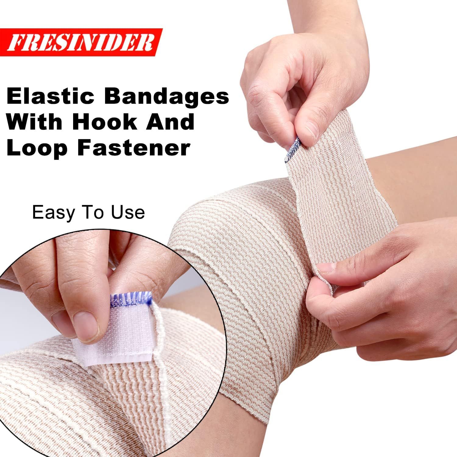 Demonstrates how to apply and secure the elastic bandage using the hook and loop fastener system, reassuring shoppers that the product is simple and intuitive to use. Highlights the ease of use of…