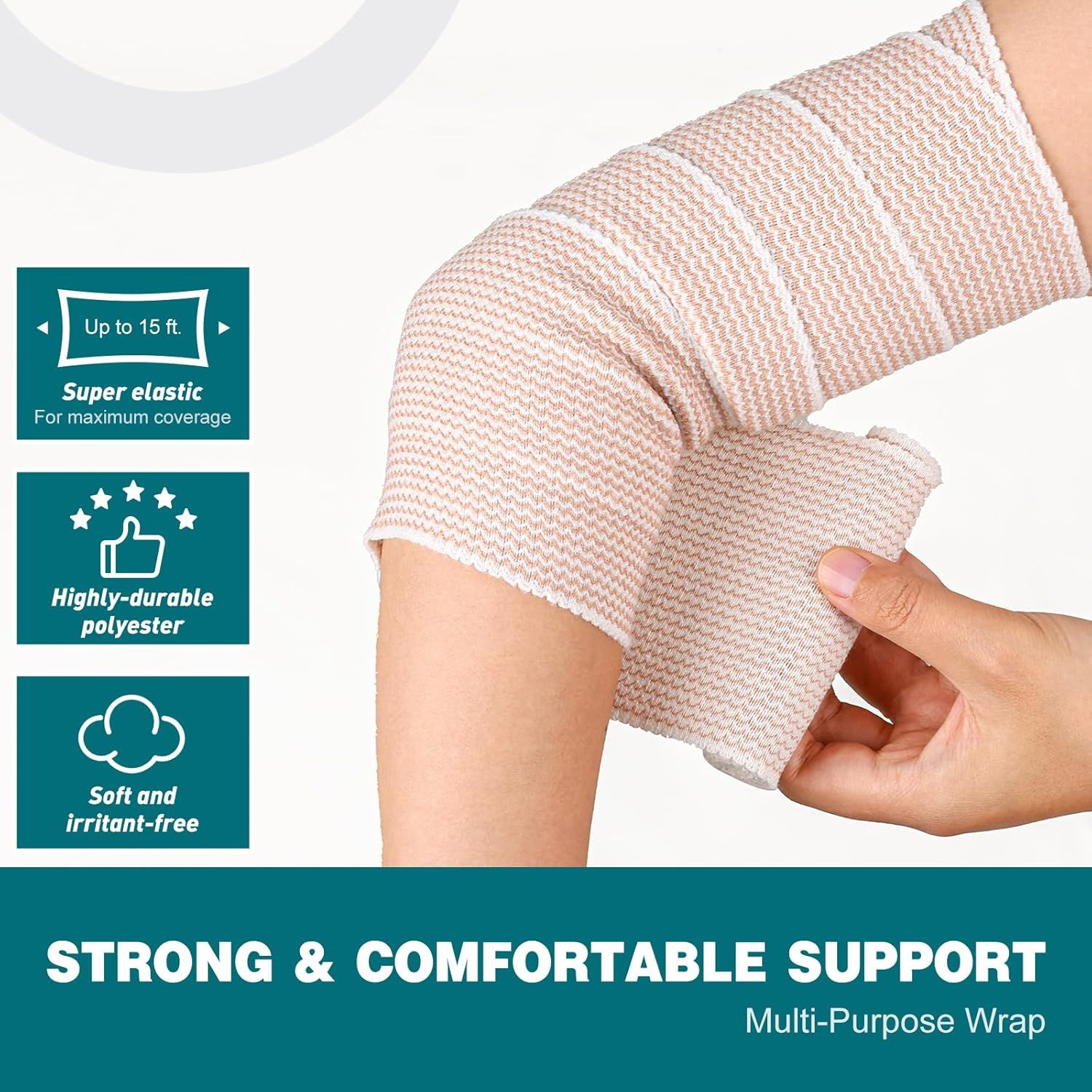 Communicates multiple key benefits of the medical wrap including its elasticity for coverage, durability, and comfort to reassure shoppers of its quality and versatility.