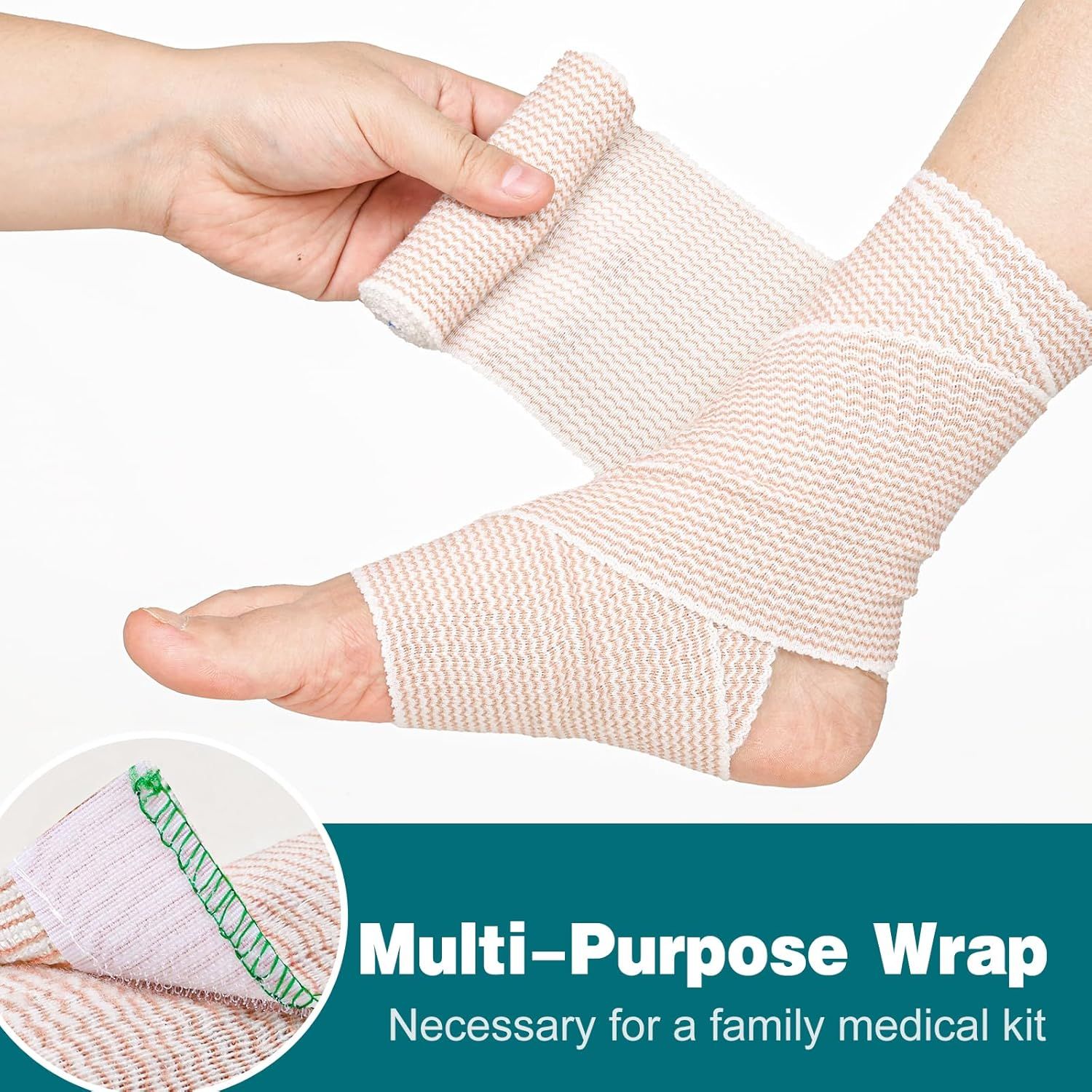 Demonstrates the product's versatility as a multi-purpose medical wrap suitable for various body parts, reassuring shoppers it's an essential item for family first aid kits.