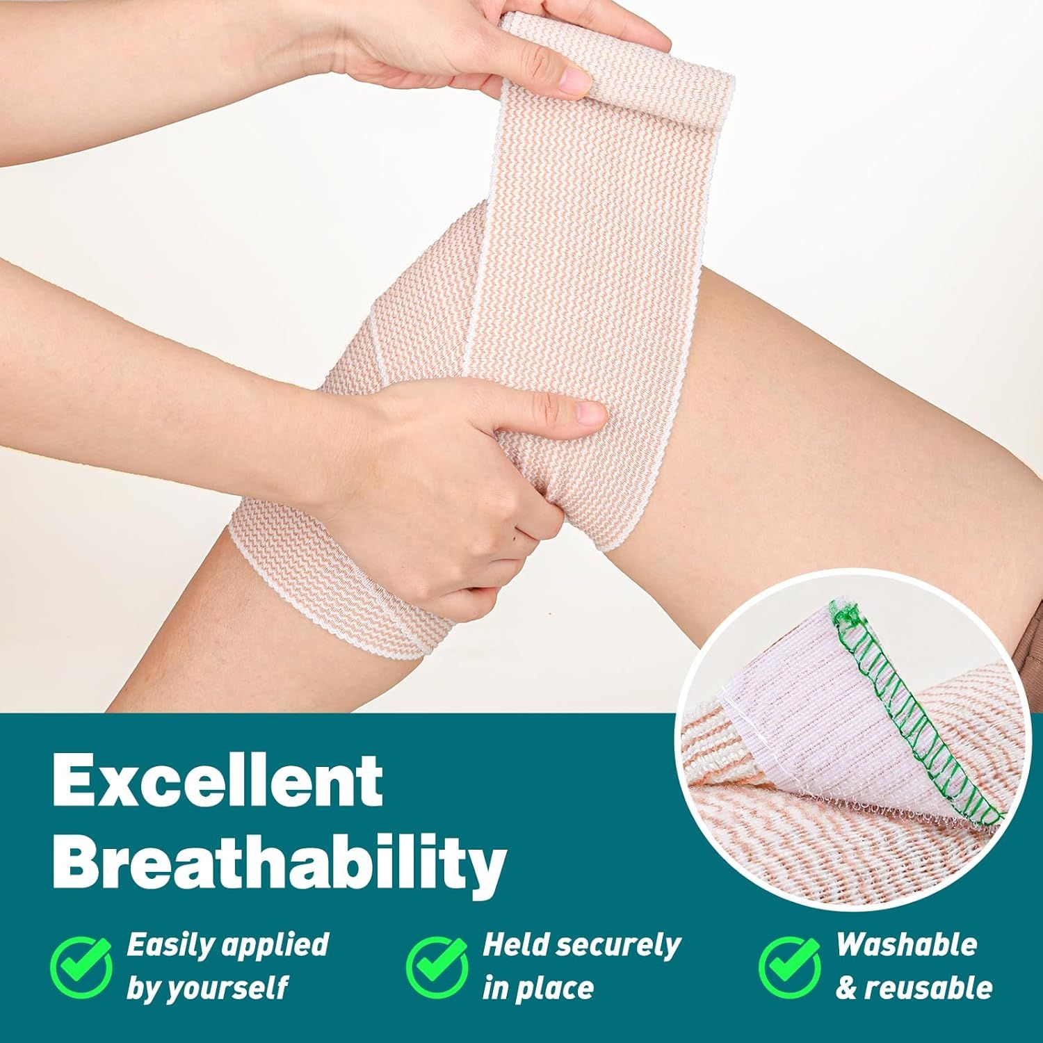 Communicates multiple key benefits of the compression bandage including breathability, ease of self-application, secure hold, and reusability to reassure shoppers of its practical advantages.