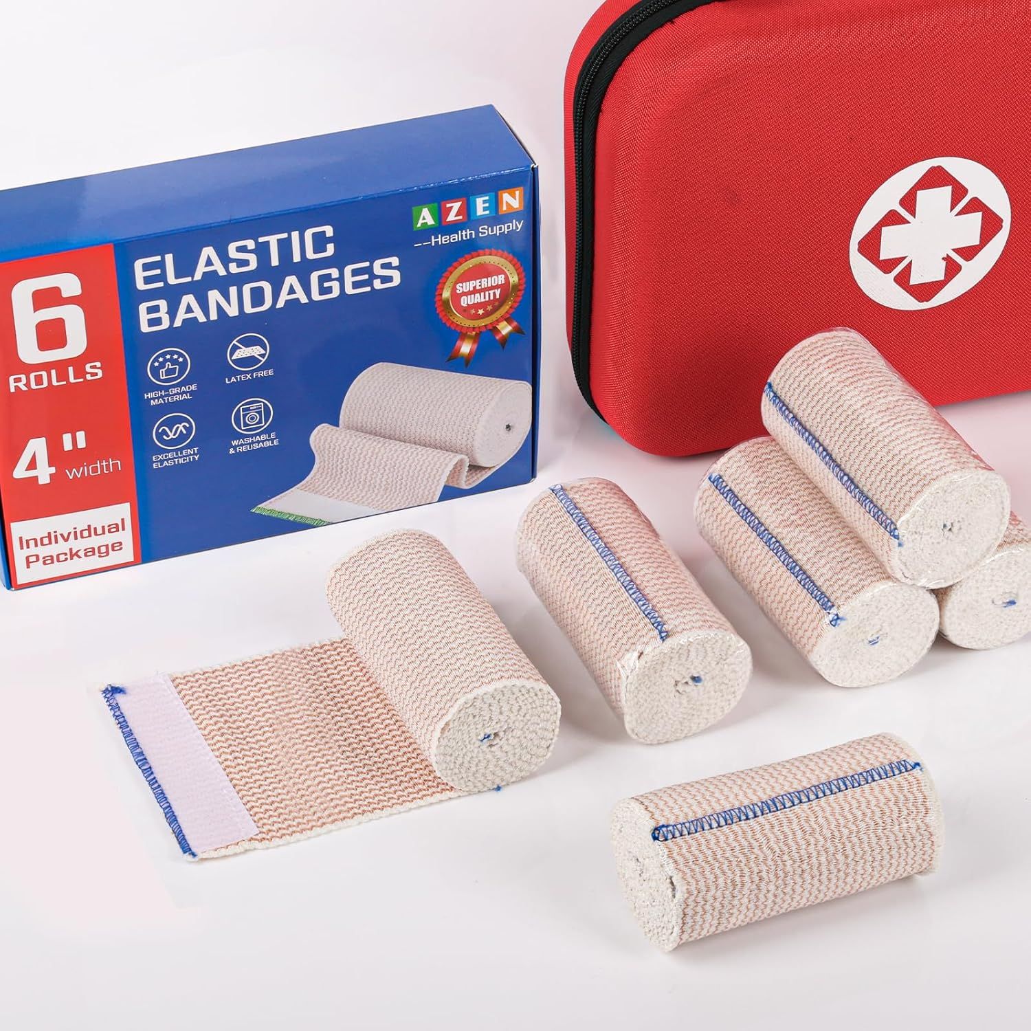 Shows the customer everything included in the purchase: 6 individually packaged elastic bandage rolls and a red first aid carrying case, helping shoppers understand the complete kit contents.