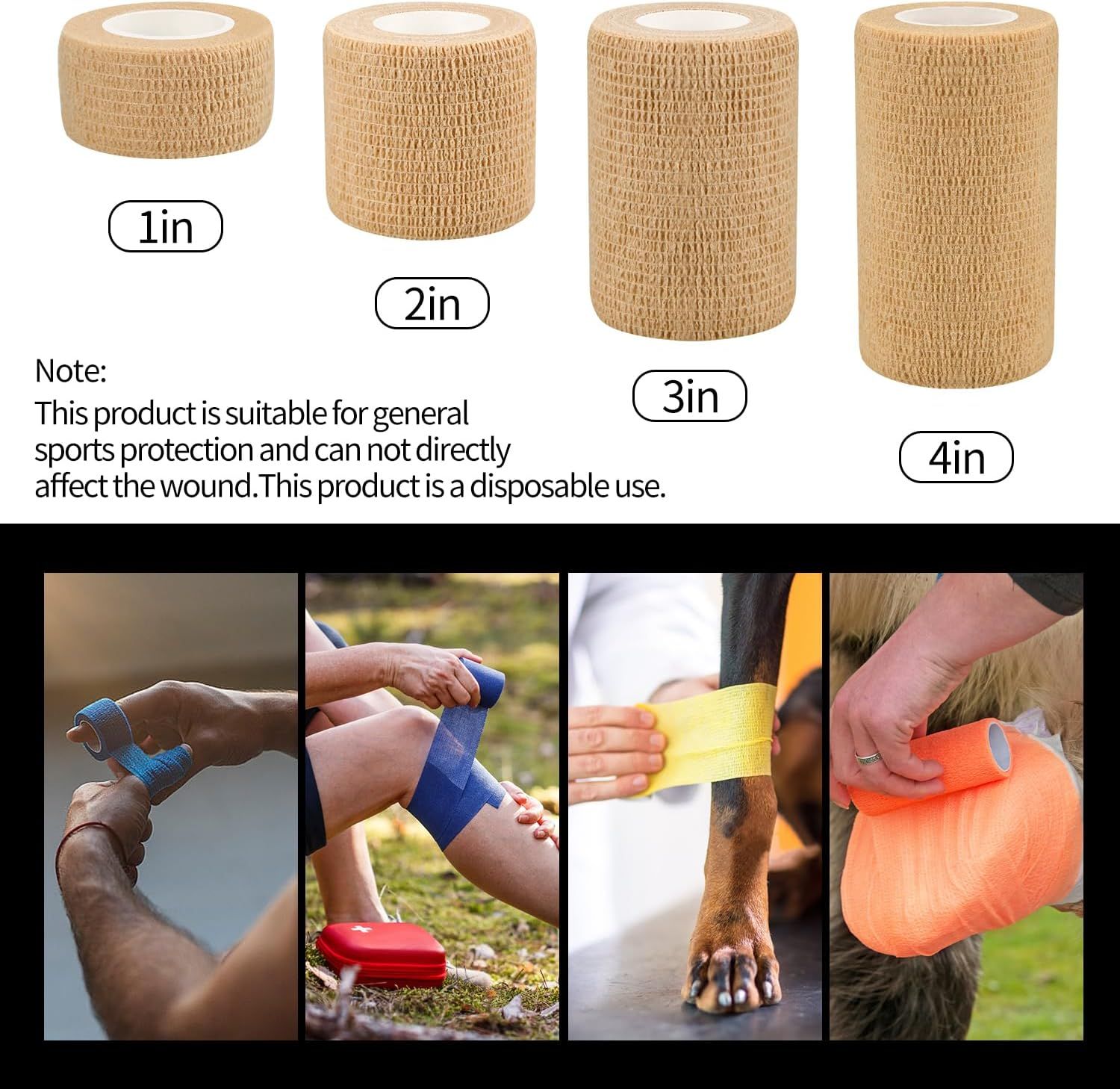 Shows the four different width sizes available for the bandage wrap, helping shoppers choose the right size for their specific needs. Demonstrates the versatility of the product across multiple…
