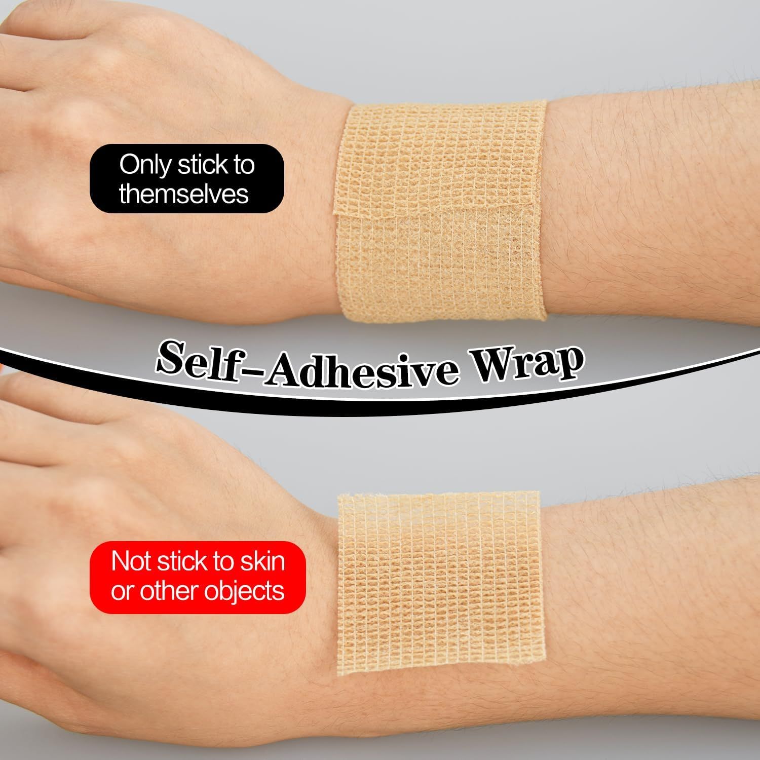 Demonstrates that the wrap only sticks to itself and not to skin or other objects, reassuring shoppers of comfortable, pain-free removal and ease of use.