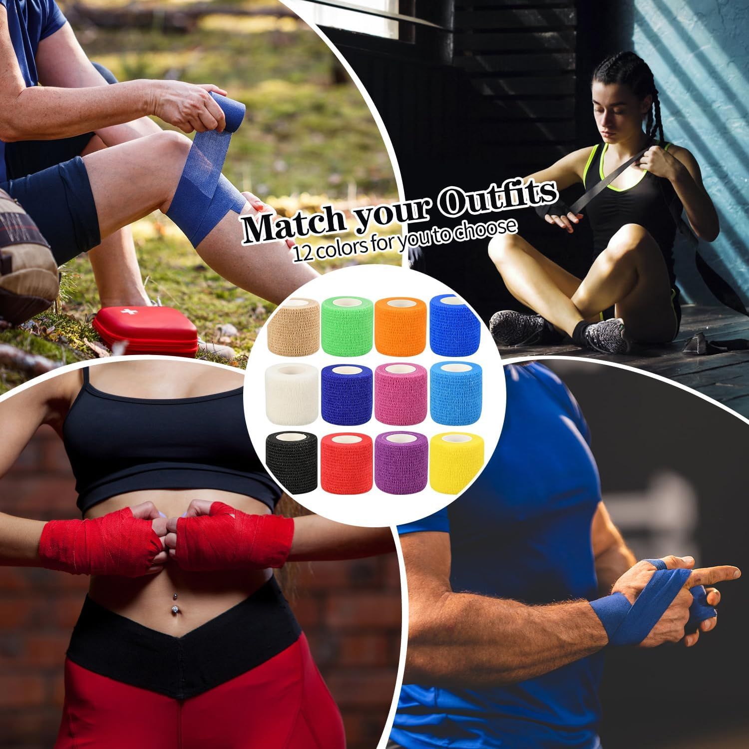 Demonstrates the product's versatility by showing it being used in multiple athletic and fitness scenarios, reassuring shoppers that the bandage wraps work across different activities and settings.…