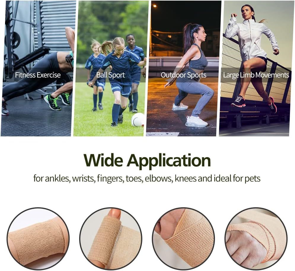 Demonstrates the product's versatility by showing it can be used across multiple sports and activities (fitness, ball sports, outdoor sports, large movements) and on various body parts (ankles,…