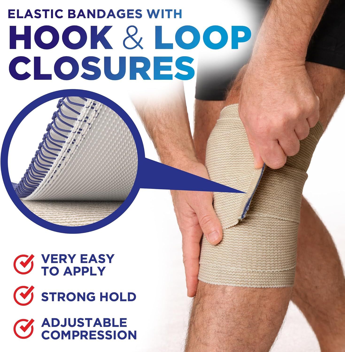 Highlights the hook and loop closure system of the elastic bandage, showing how it works and reassuring shoppers of its secure fastening mechanism. Communicates three distinct benefits of the…