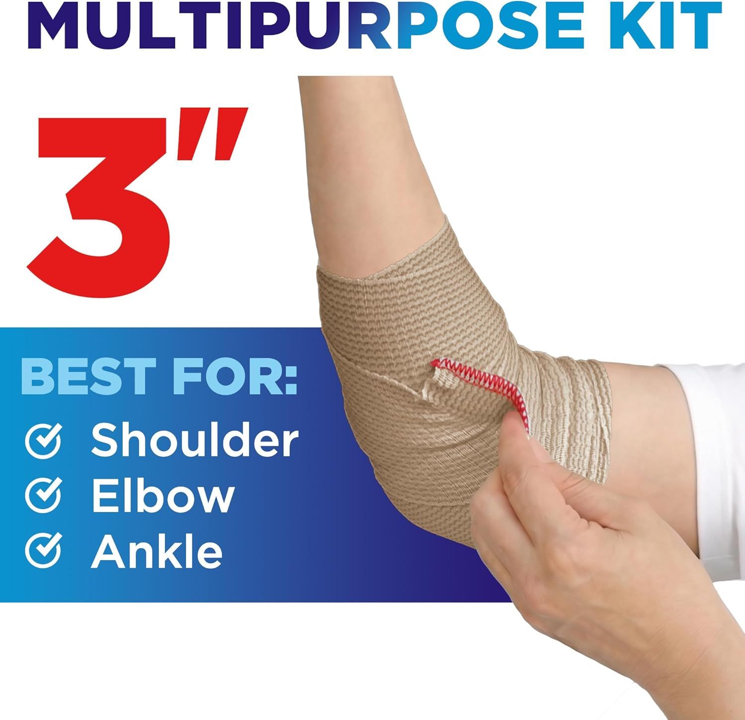 Demonstrates the versatility of the bandage wrap by showing it can be used on multiple body parts (shoulder, elbow, ankle), reassuring shoppers of its multipurpose functionality. Highlights the…