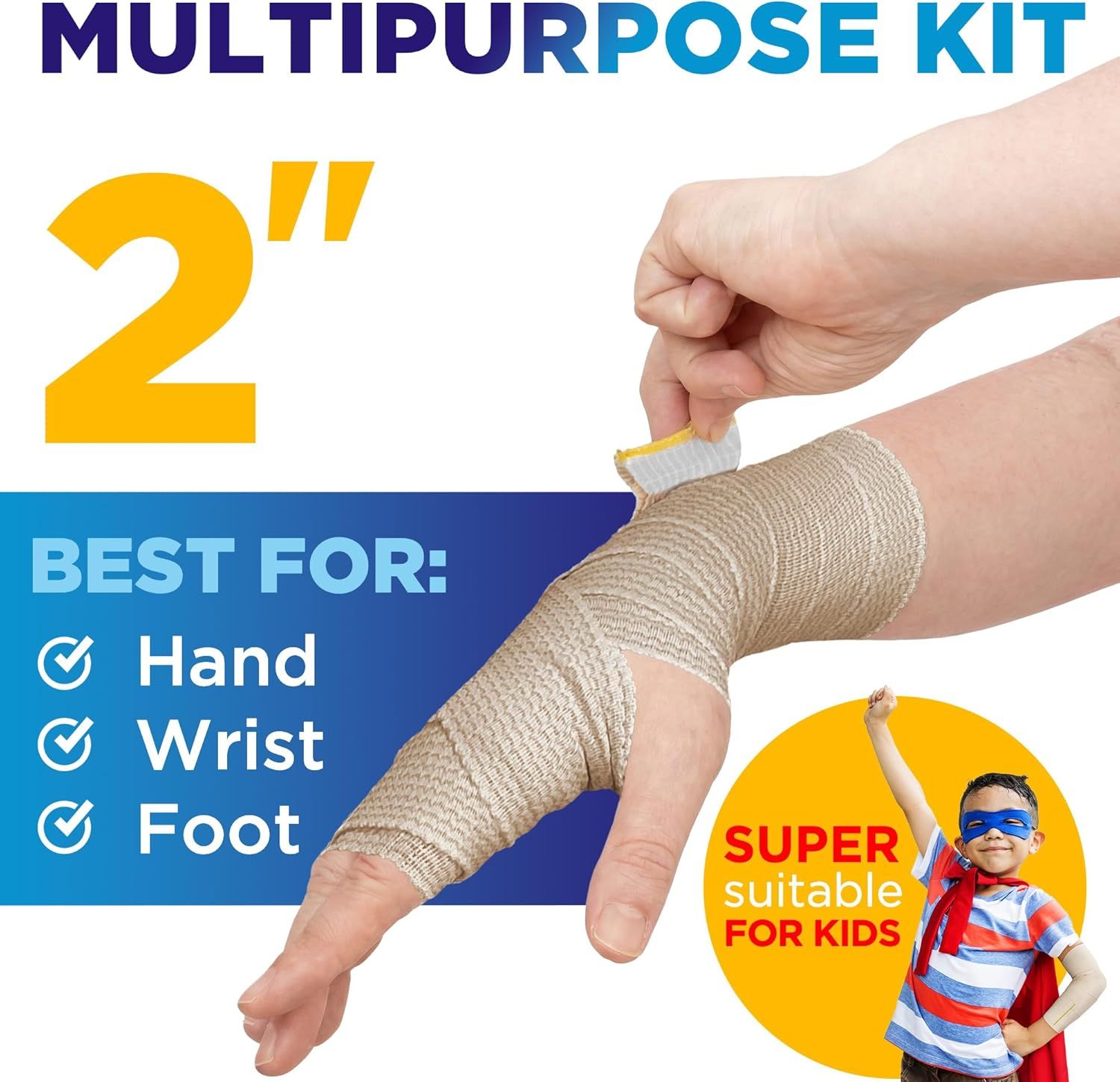 Communicates that this is a multipurpose 2-inch bandage kit suitable for multiple body parts (hand, wrist, foot) and emphasizes it's safe and suitable for kids.