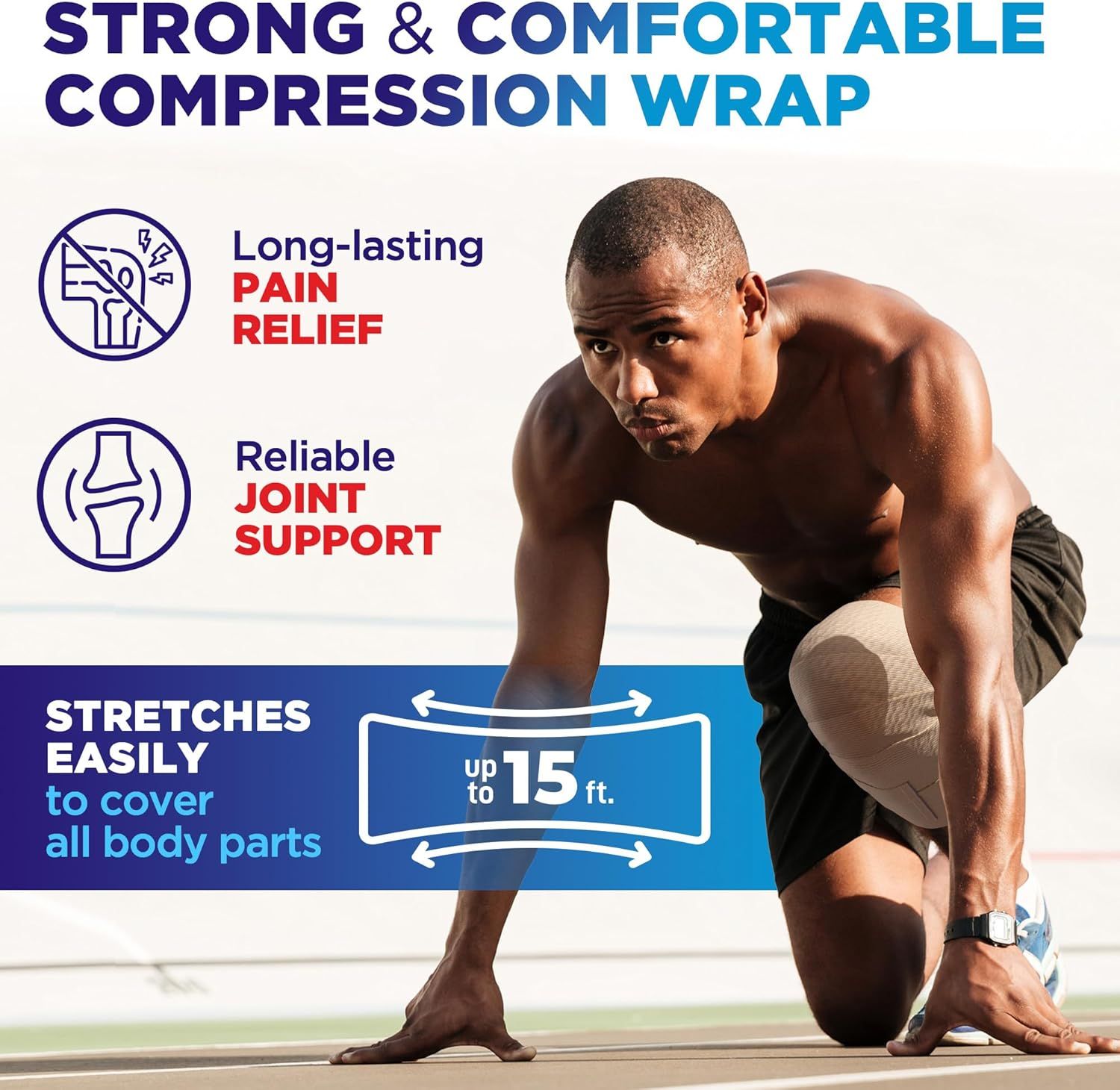 Communicates multiple key benefits of the compression wrap including long-lasting pain relief, reliable joint support, and its ability to stretch up to 15 feet to cover all body parts.