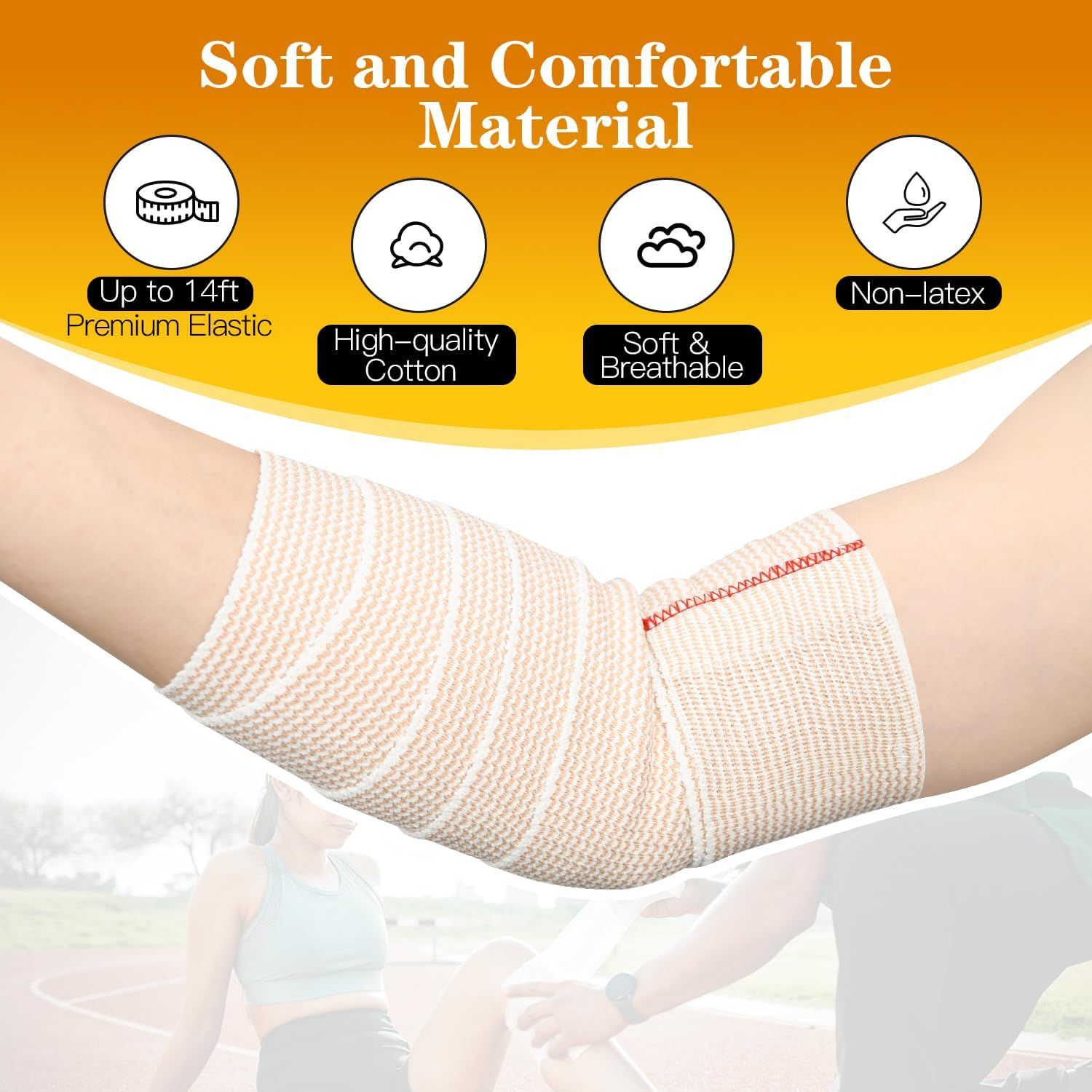 Communicates multiple material benefits of the elastic bandage to reassure shoppers about comfort, quality, stretch capability, and hypoallergenic properties.