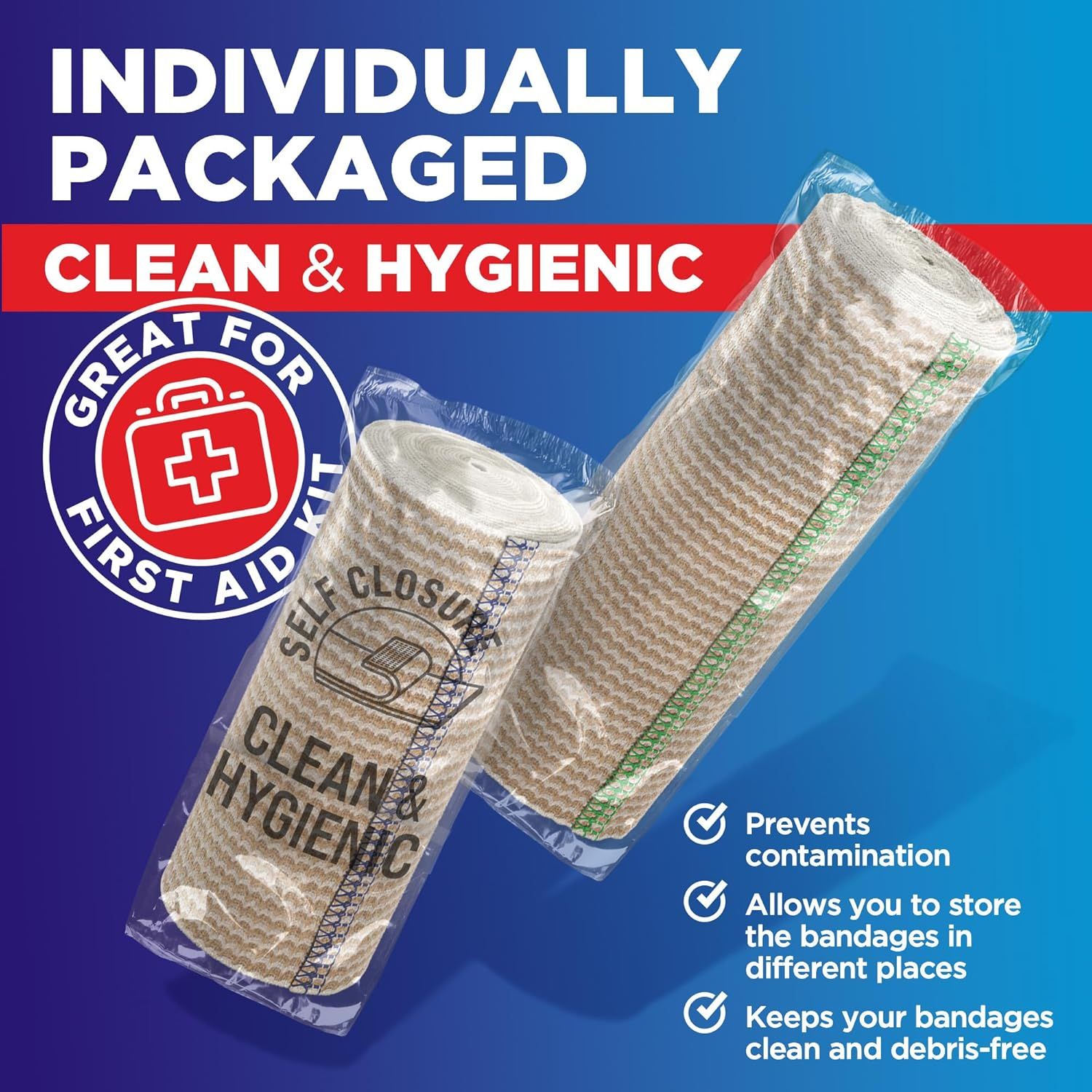 Communicates multiple benefits of the individually packaged bandages including hygiene, contamination prevention, storage convenience, and cleanliness to reassure shoppers about product quality and…