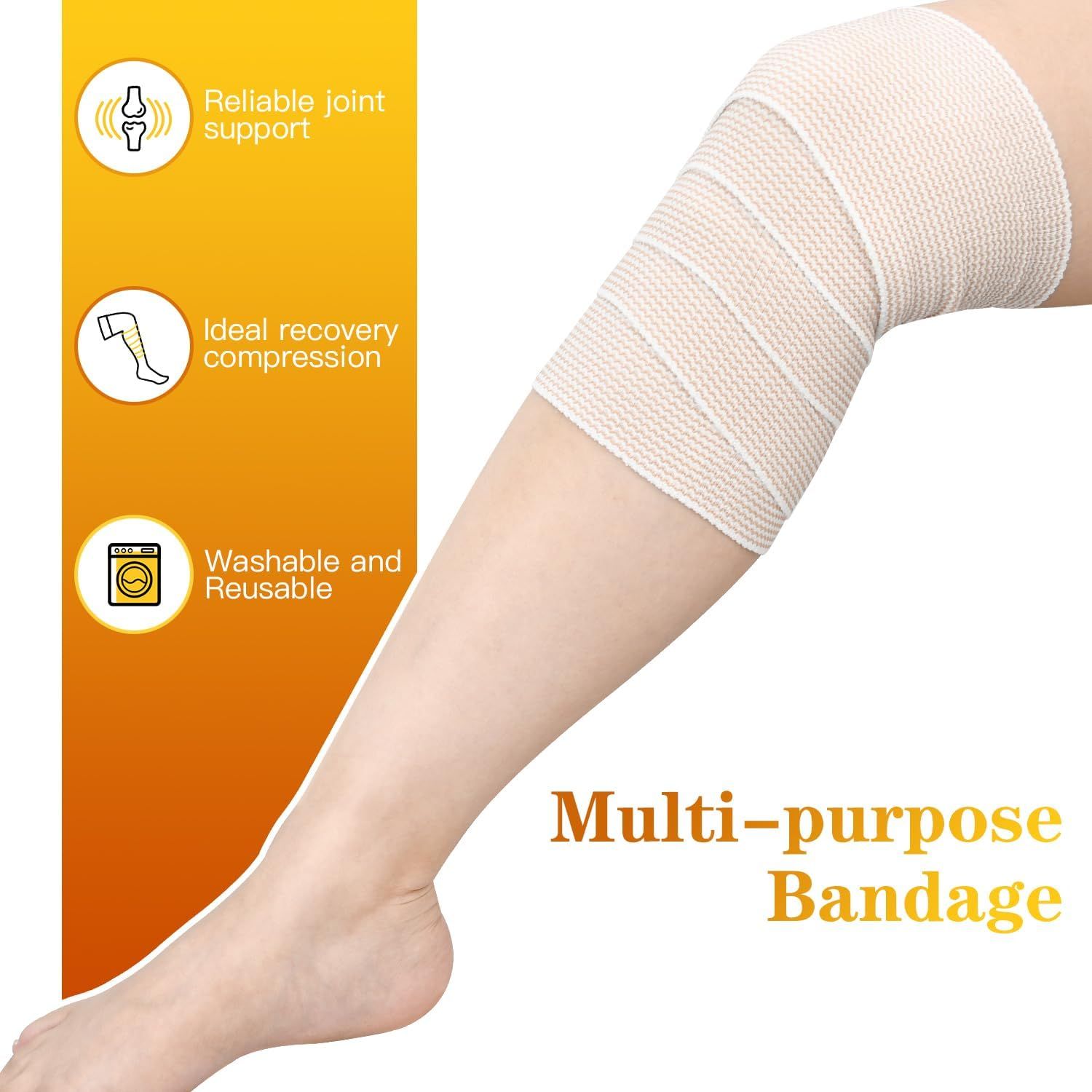 Communicates multiple key benefits of the bandage including joint support, compression for recovery, and washability/reusability to demonstrate versatility and value.