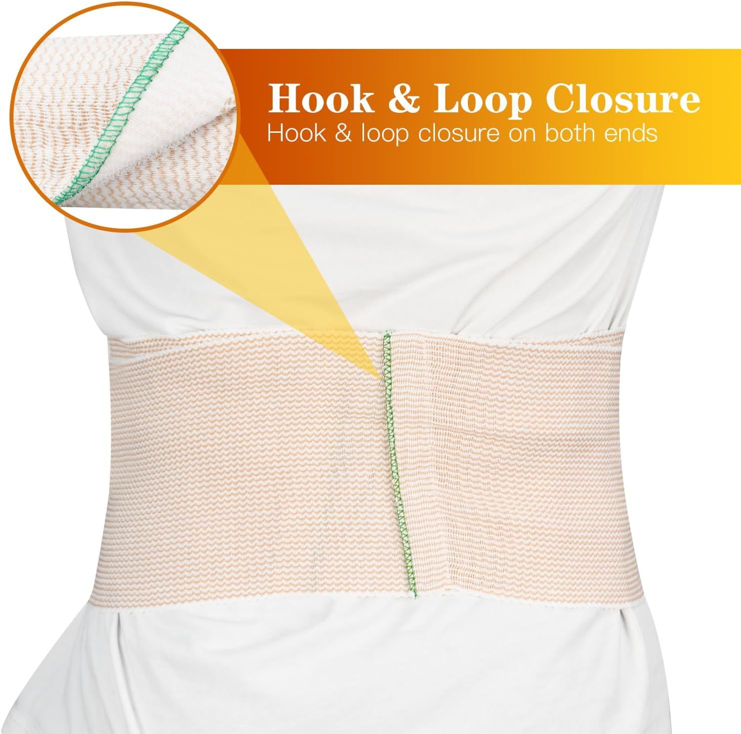 Highlights the hook and loop closure mechanism on both ends of the abdominal binder to demonstrate the secure fastening system and ease of adjustment. Communicates the convenience and security of…