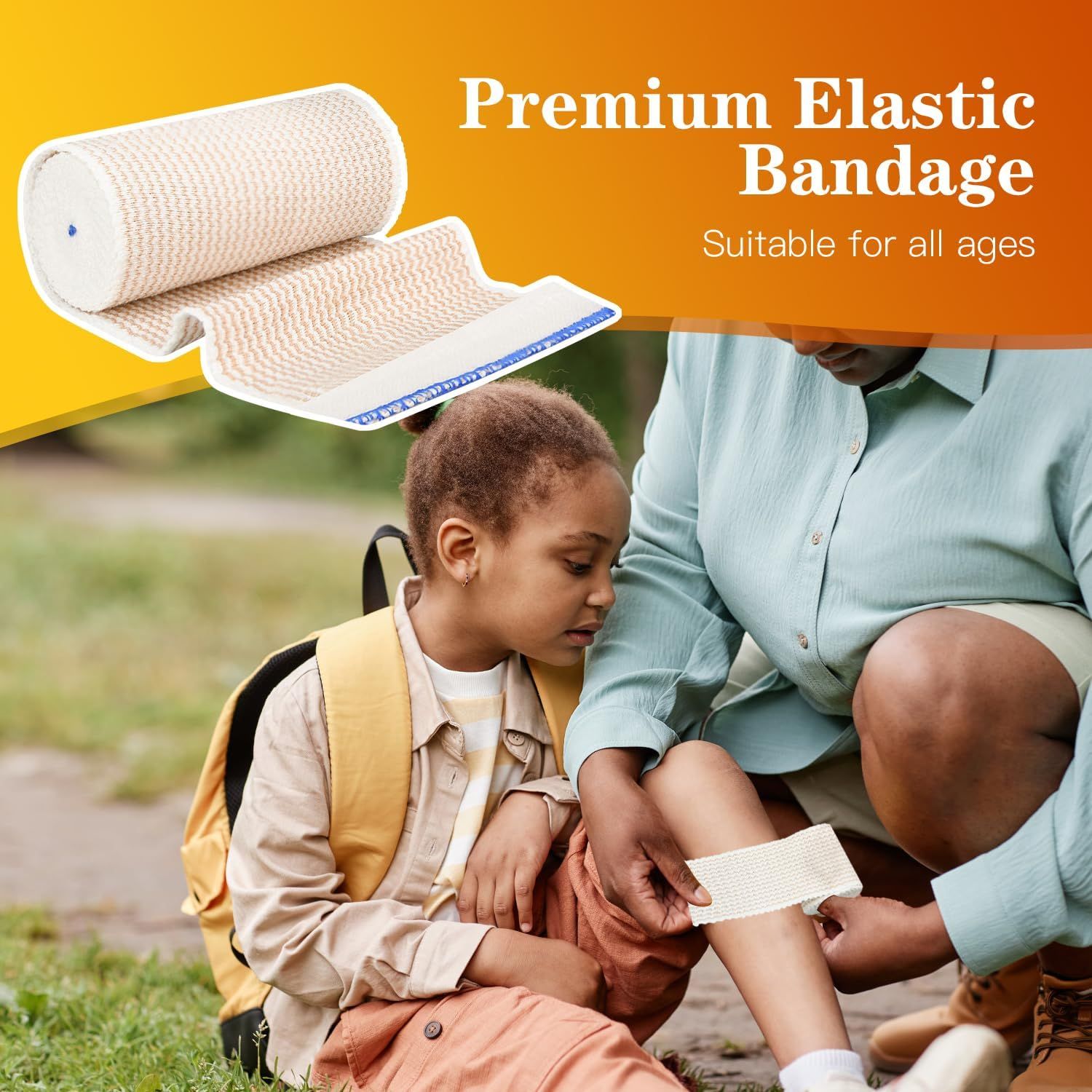 Demonstrates the product's versatility and suitability for all ages by showing a real-world use case with a child being cared for, reinforcing the bandage's premium quality and universal…
