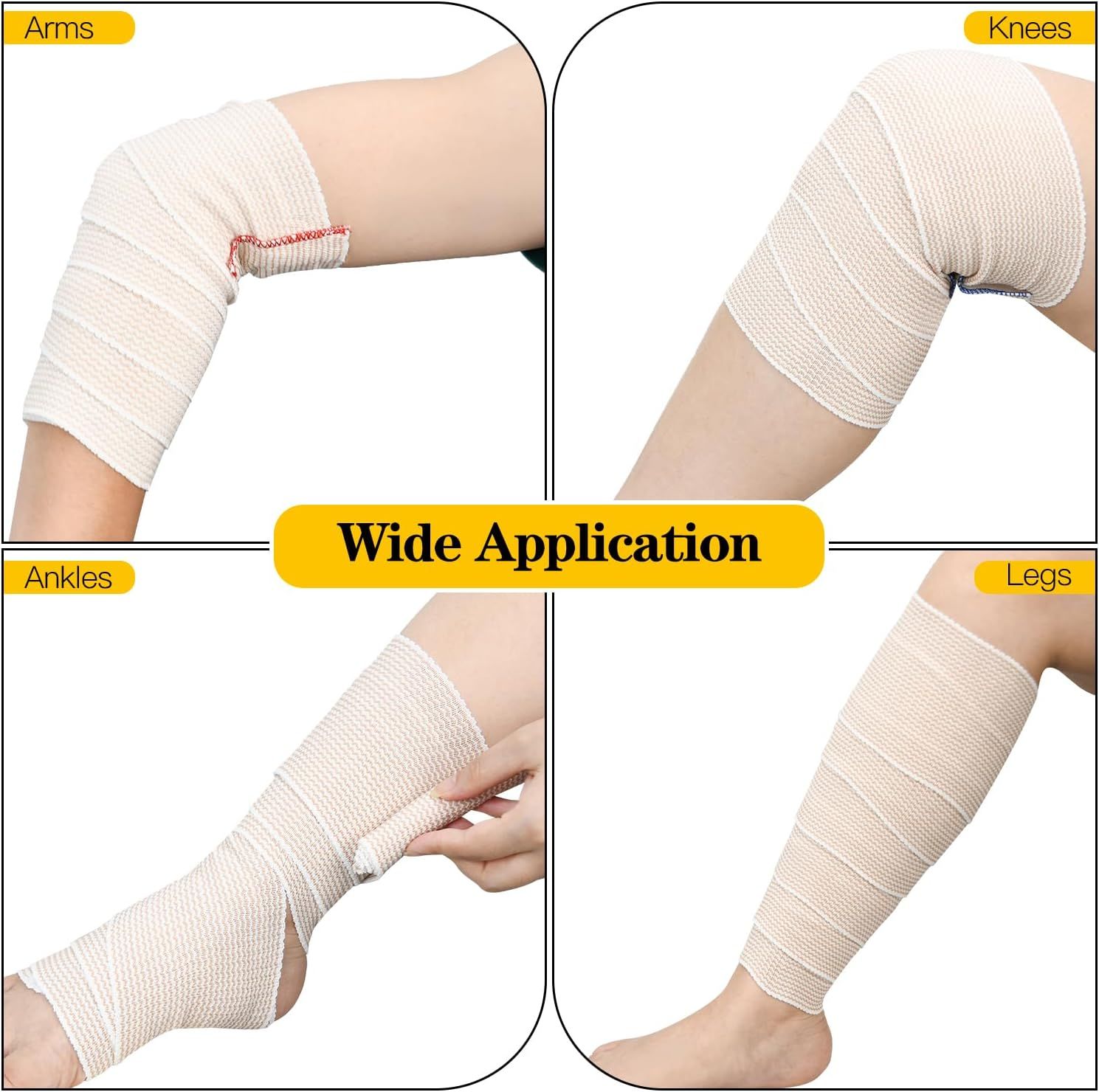 Demonstrates that the bandage wrap can be used on multiple body parts (arms, knees, ankles, legs), reassuring shoppers of its versatility and wide application across different injury or support needs.