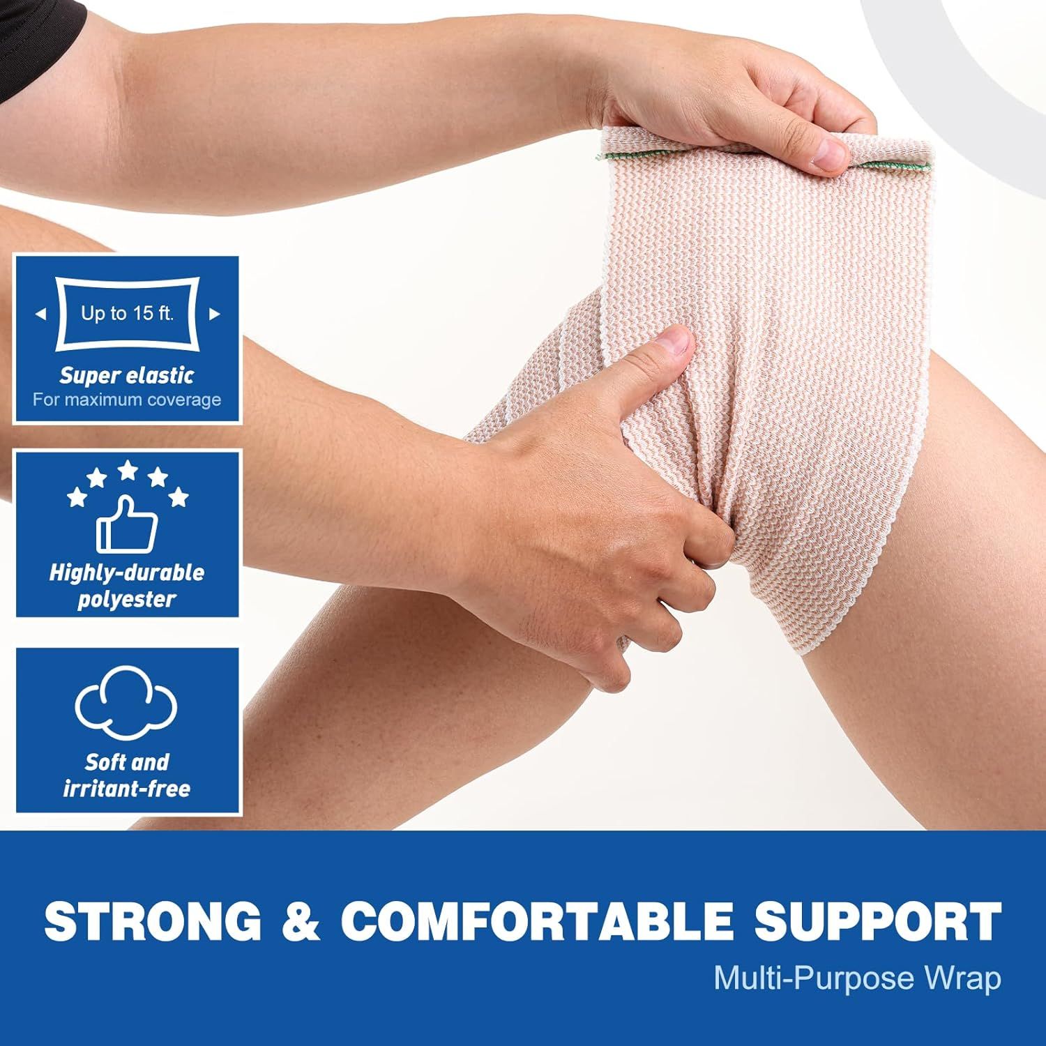 Communicates multiple key benefits of the support wrap including its stretchability (up to 15 ft), durability, and comfort to reassure shoppers of its quality and versatility.
