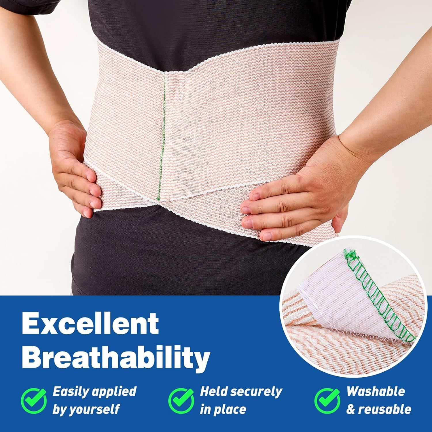 Communicates multiple key benefits of the abdominal binder/wrap including breathability, ease of self-application, secure fit, and reusability to reassure shoppers of its practical advantages.
