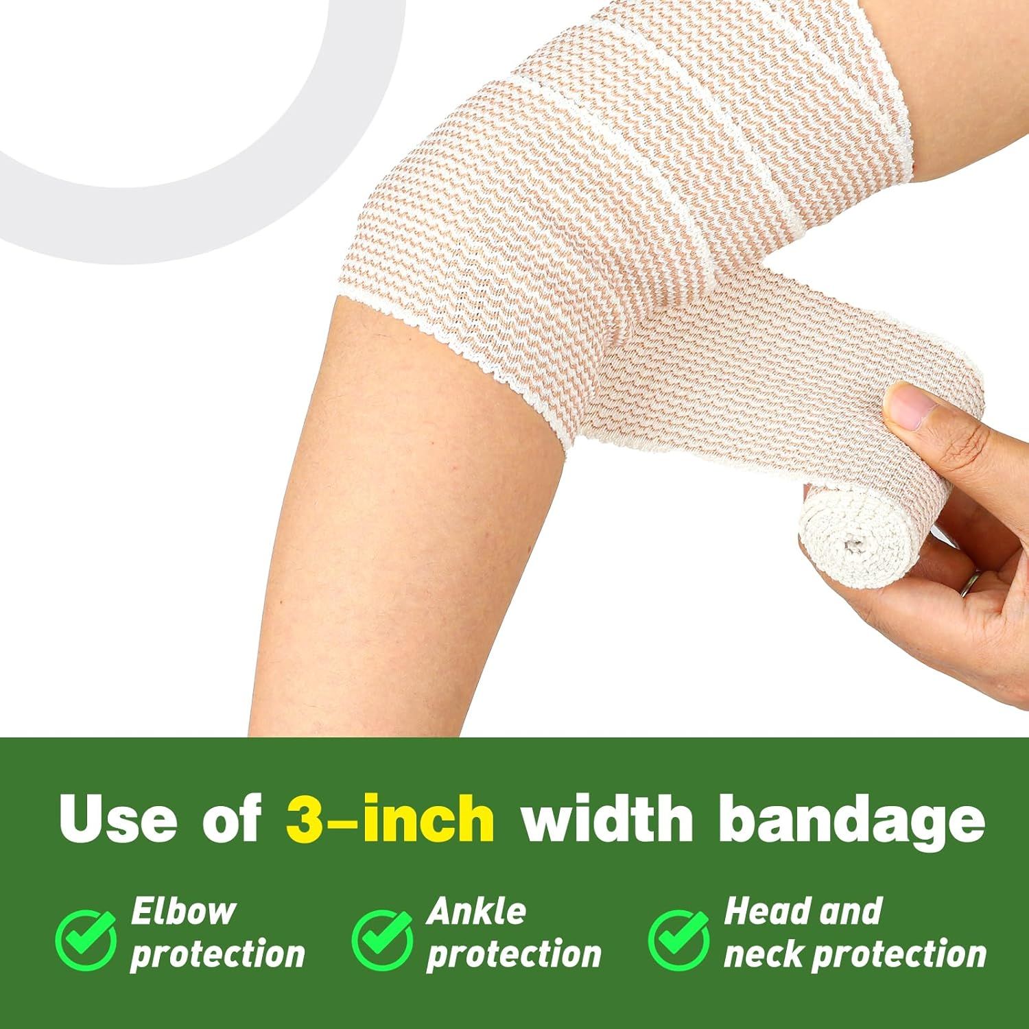 Demonstrates the versatility of the 3-inch bandage by showing it can be used for multiple body areas including elbow, ankle, head, and neck protection. Communicates the key benefit that this bandage…