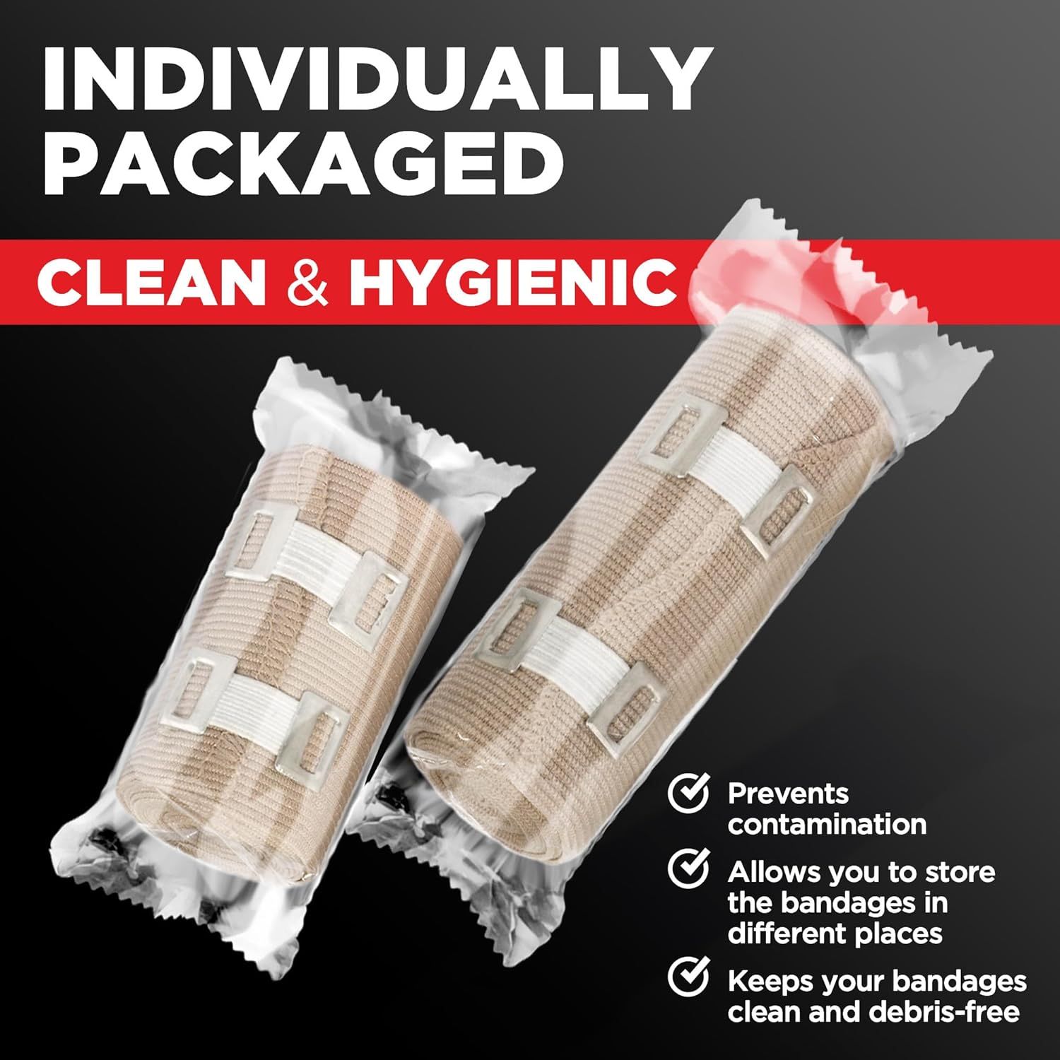 Communicates that the bandages are individually wrapped to maintain hygiene, prevent contamination, and allow convenient storage.