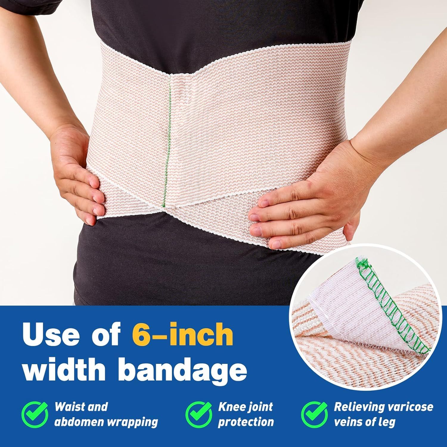Demonstrates the versatility of the 6-inch bandage by showing three distinct medical applications, reassuring shoppers that this single product can serve multiple therapeutic needs.