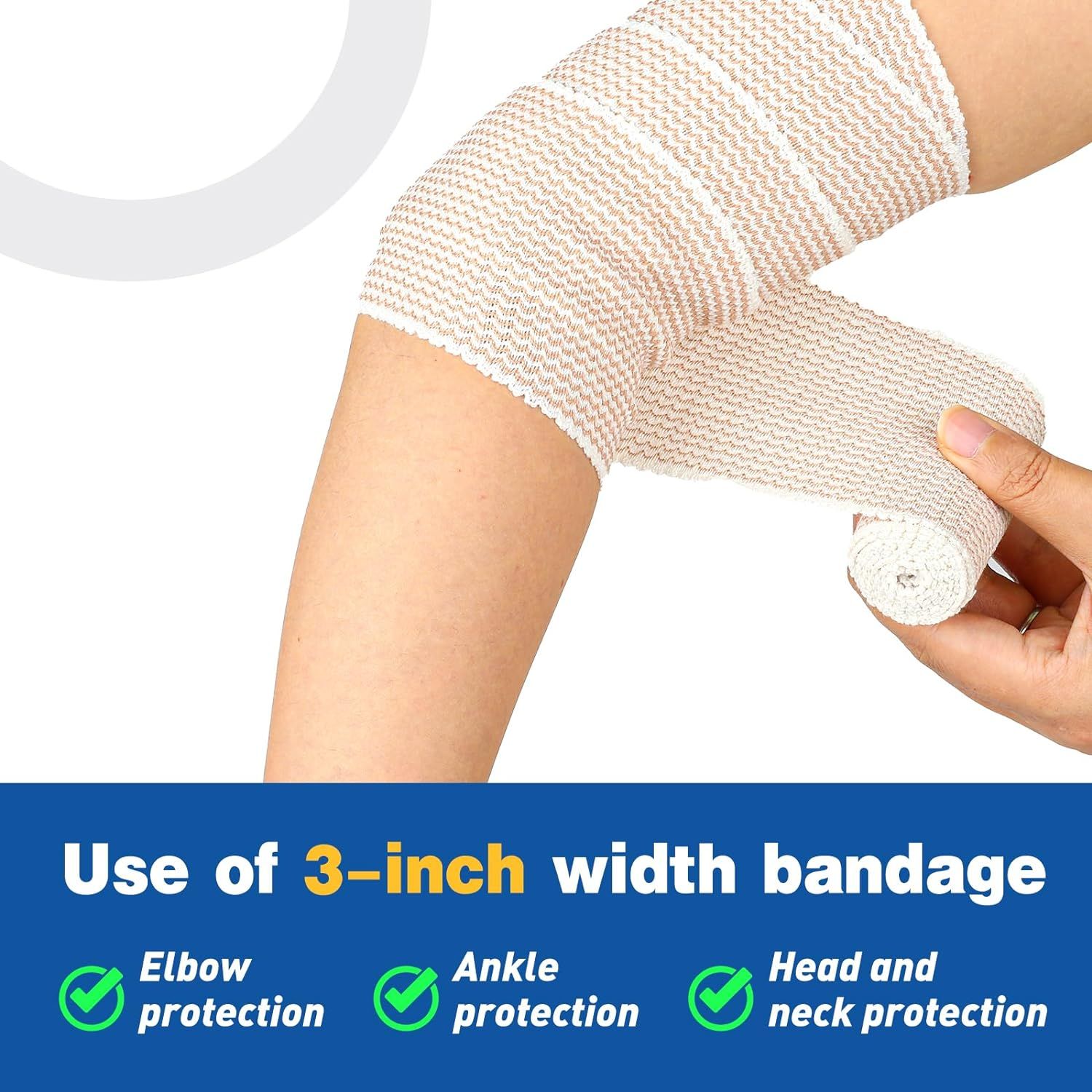 Demonstrates the versatility of the 3-inch bandage by showing it can be used for multiple body areas including elbow, ankle, head, and neck protection.