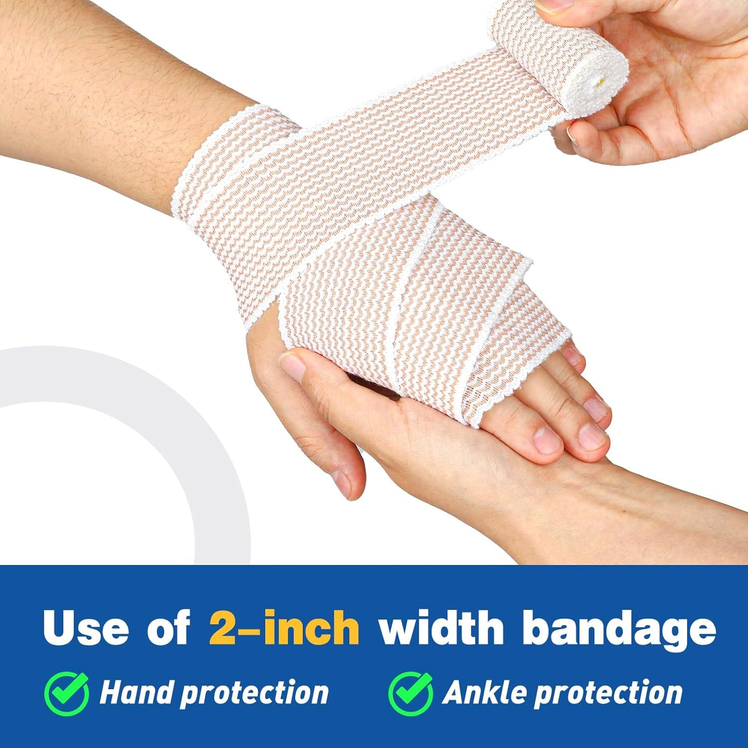 Demonstrates the multiple use cases for the 2-inch width bandage, showing it can be used for both hand and ankle protection to communicate versatility. Highlights the specific dimensional…