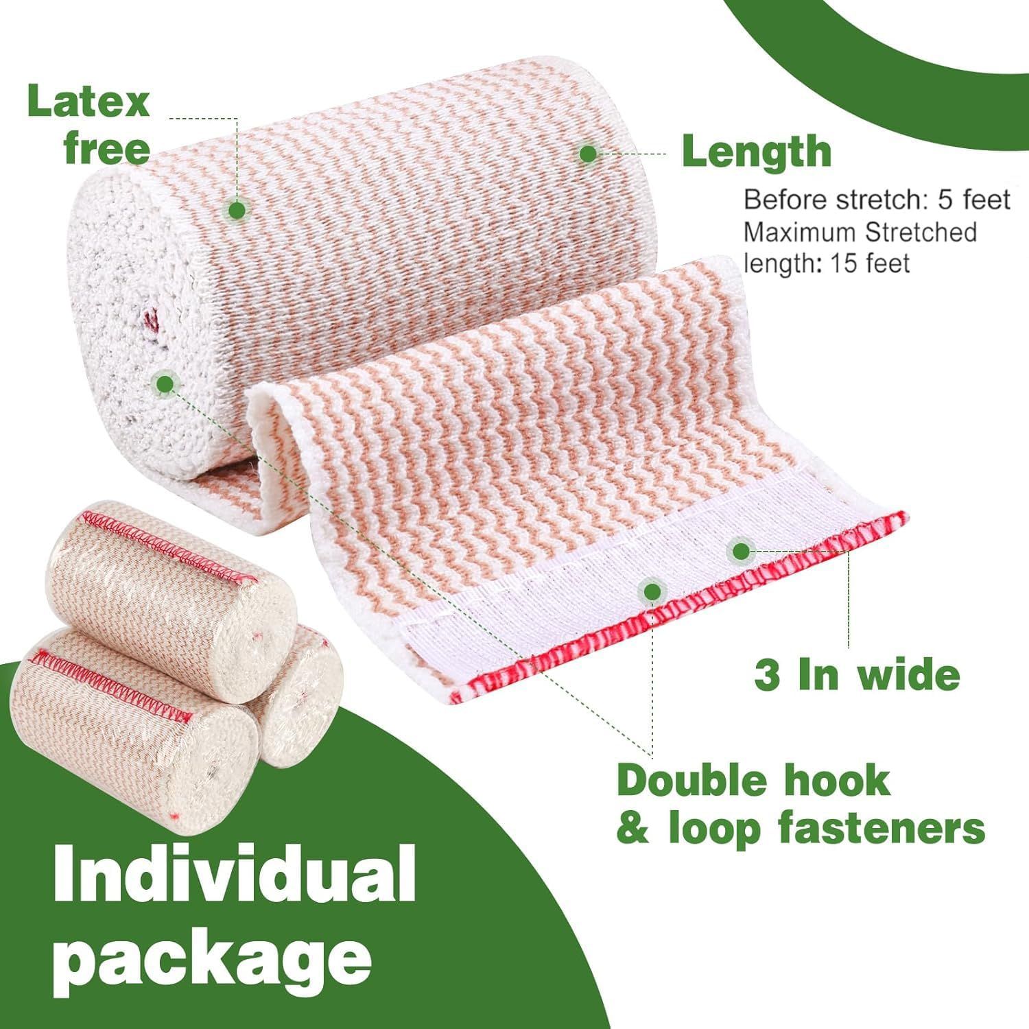 This image breaks down the physical features and specifications of the elastic bandage, highlighting material composition, dimensions, fastener type, and packaging to help shoppers understand…