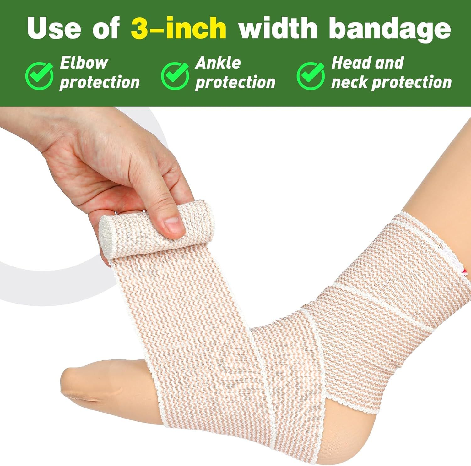 Demonstrates the versatility of the 3-inch bandage by showing it can be used for multiple body areas, reassuring shoppers of its multi-purpose functionality.