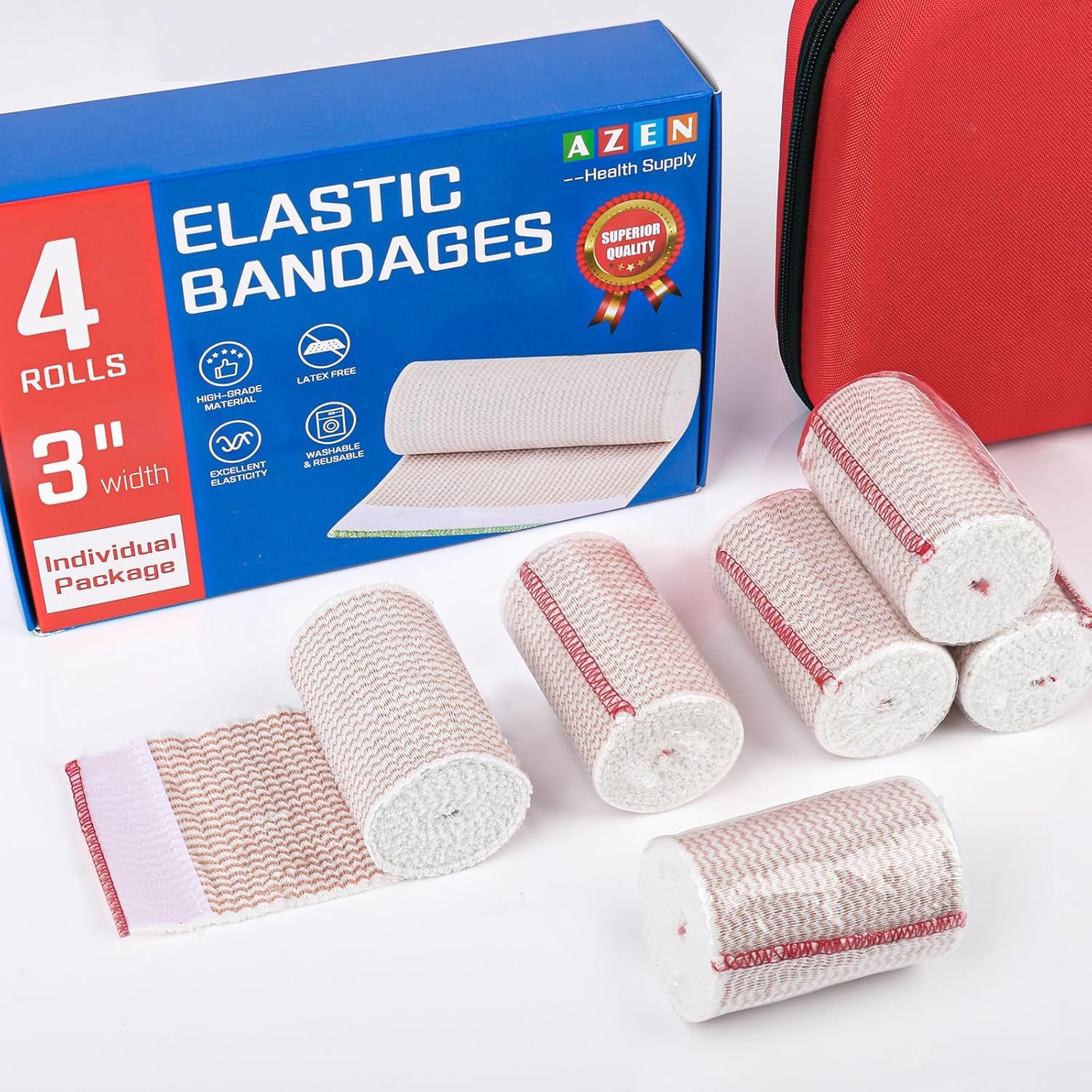 Shows the customer exactly what they will receive in the package: 4 individually packaged elastic bandage rolls at 3-inch width, demonstrating the complete contents of the purchase.