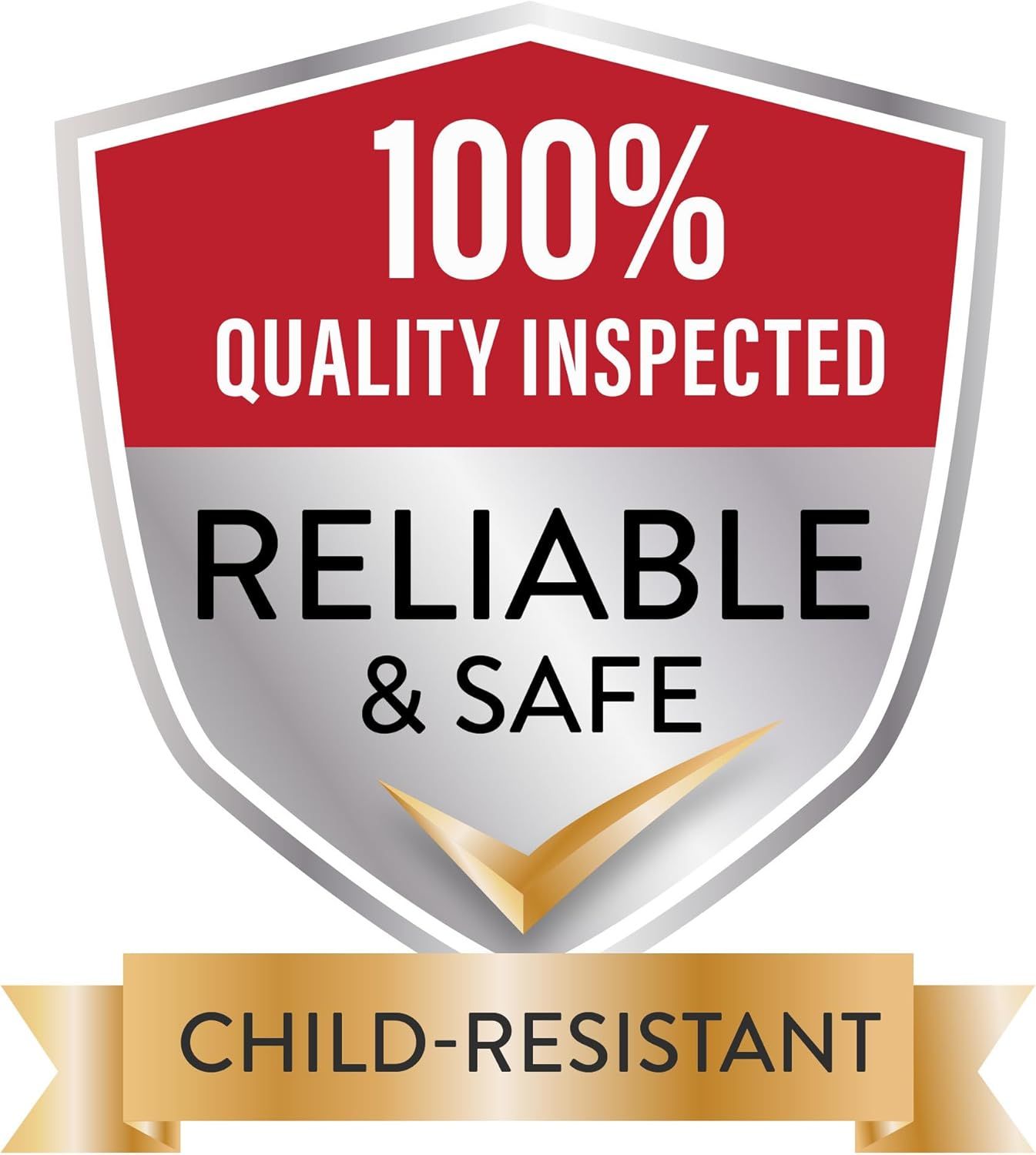 Communicates that the product has been fully quality inspected and is child-resistant, reassuring parents and safety-conscious shoppers that the product meets rigorous safety standards.