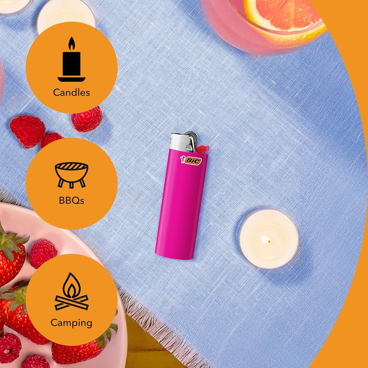 Demonstrates the versatility of the lighter by showing three distinct use scenarios where the product is effective, reassuring shoppers it's suitable for various occasions and activities.
