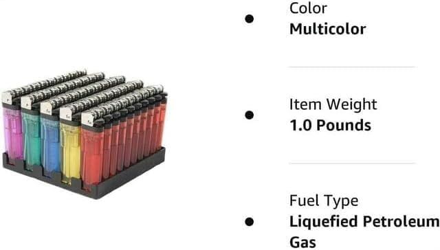 Shows the customer the full assortment of colorful lighters included in the bulk pack, emphasizing variety and quantity.