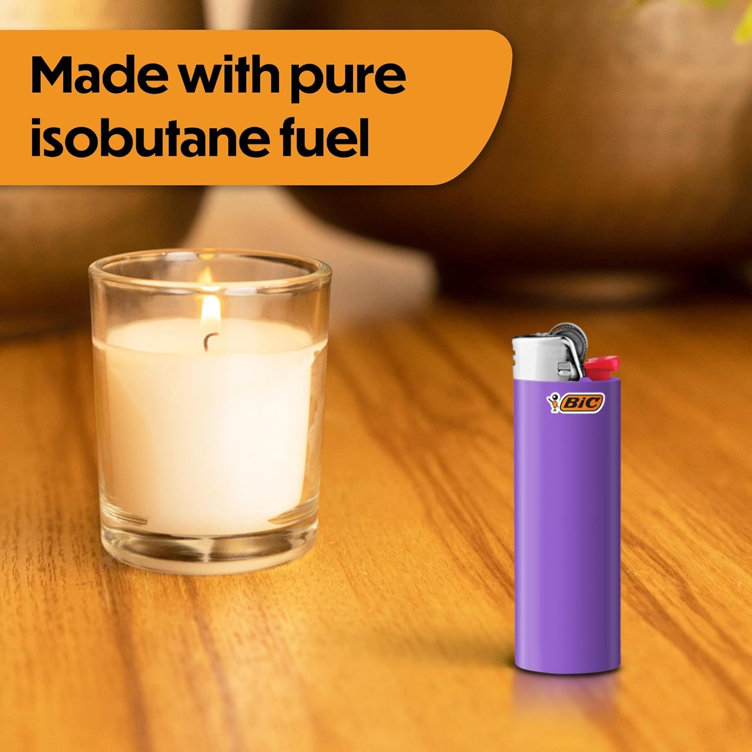Demonstrates the small, portable size of the candle by showing it next to a BIC lighter for scale reference. Highlights that the candle is made with pure isobutane fuel, communicating a quality…