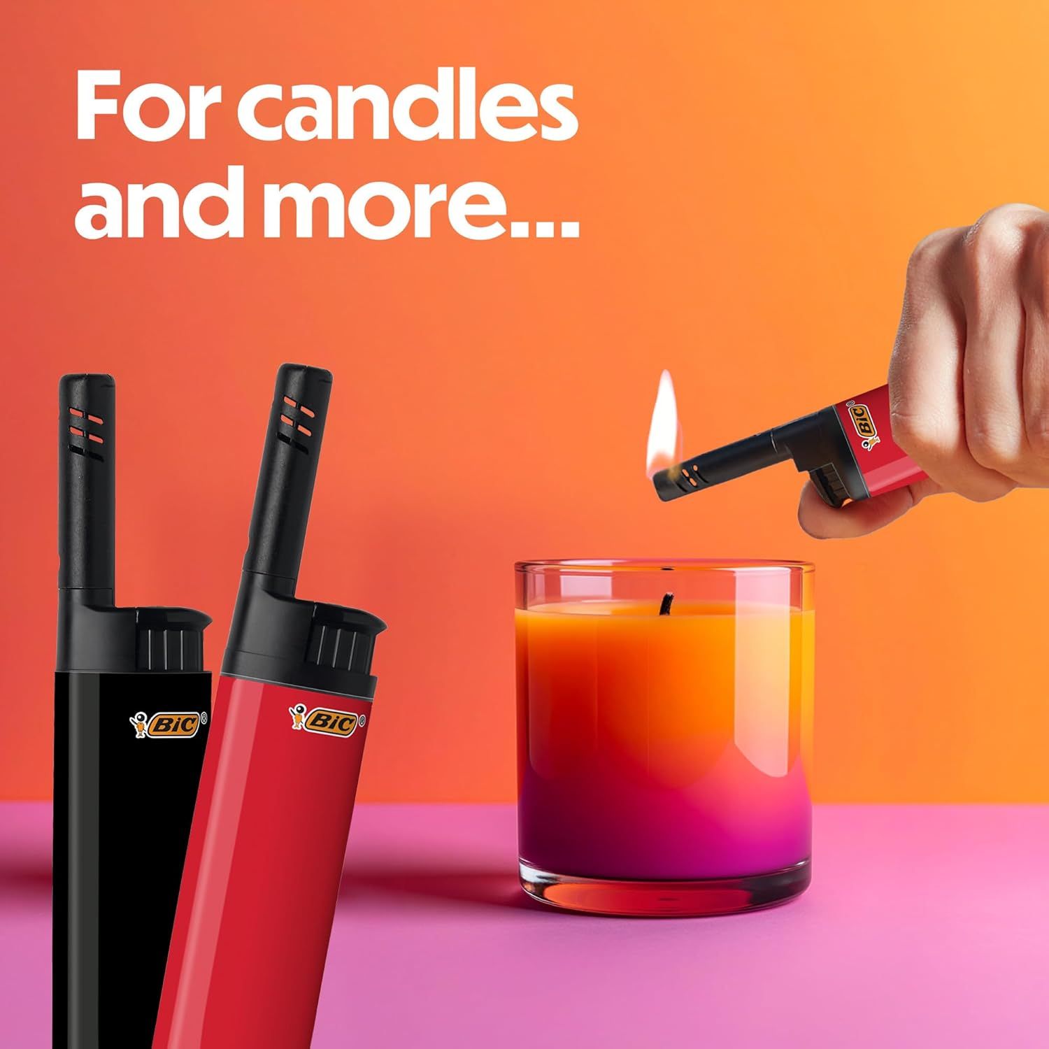 Demonstrates that the lighter is versatile and can be used for lighting candles and other purposes, emphasizing its multi-purpose functionality. Communicates the product's versatility as a lighter…