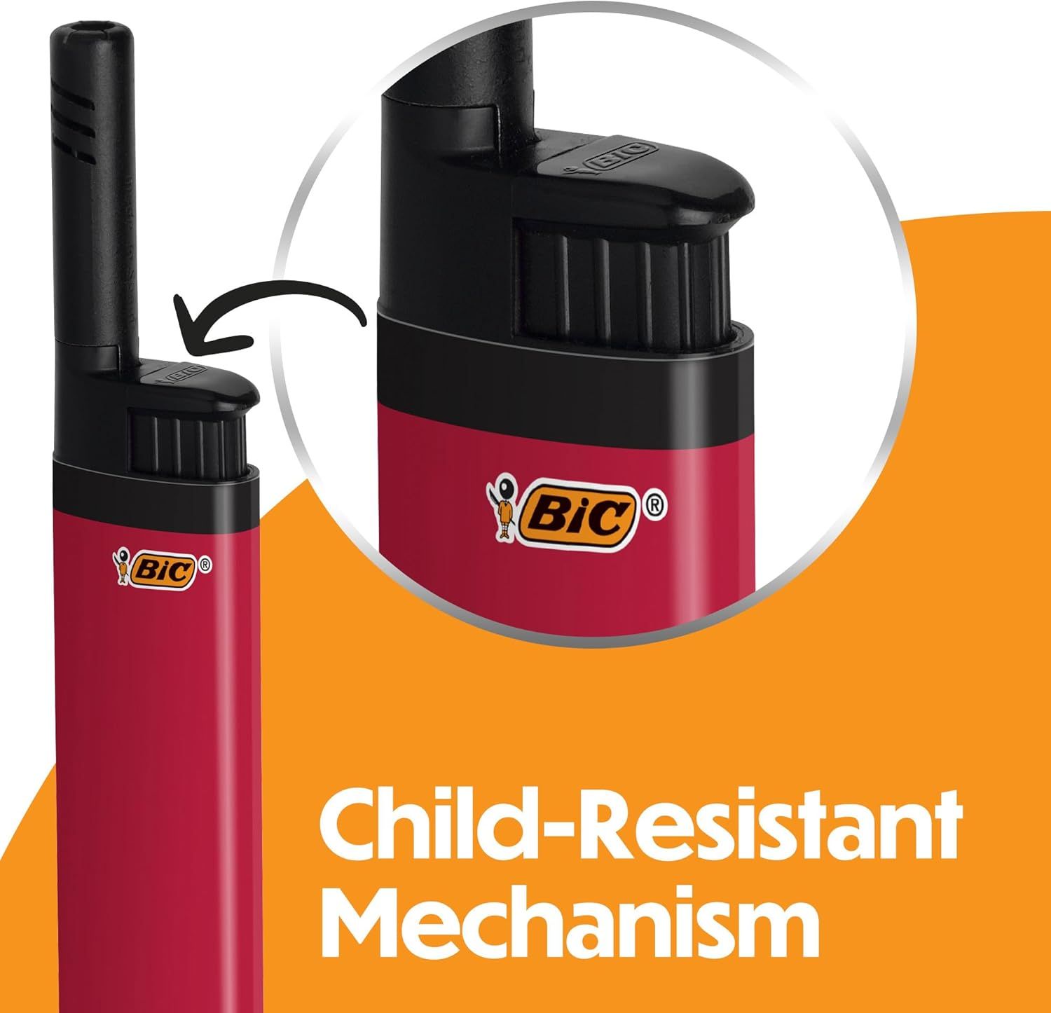 Highlights the child-resistant safety feature of the lighter to reassure parents and safety-conscious shoppers that the product is designed to prevent accidental ignition by children. Communicates…