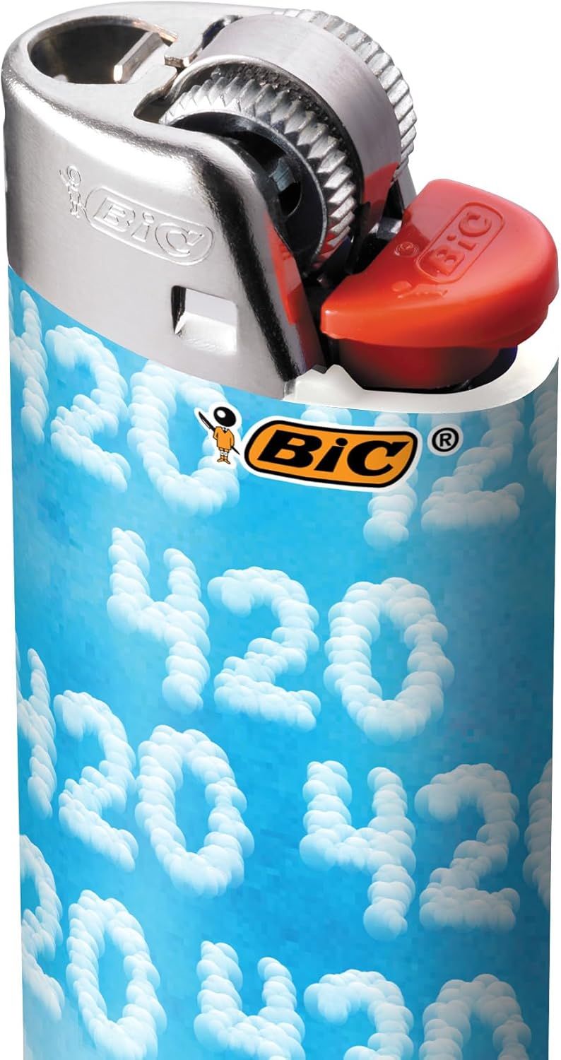 Displays the BIC lighter with its distinctive cloud-patterned design in a clean, catalog-style presentation to show the product's appearance and branding.
