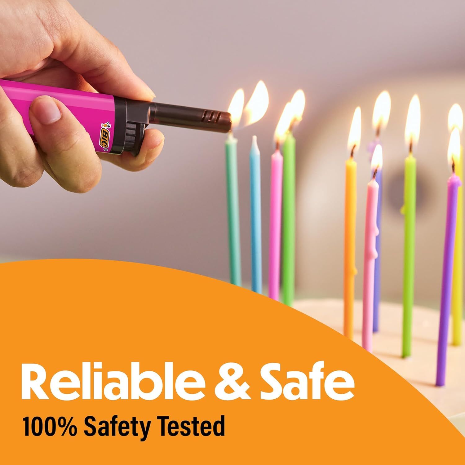Reassures shoppers that the lighter has been fully safety tested and is reliable for everyday use, such as lighting birthday candles. Communicates the core benefit of reliability and safety through…