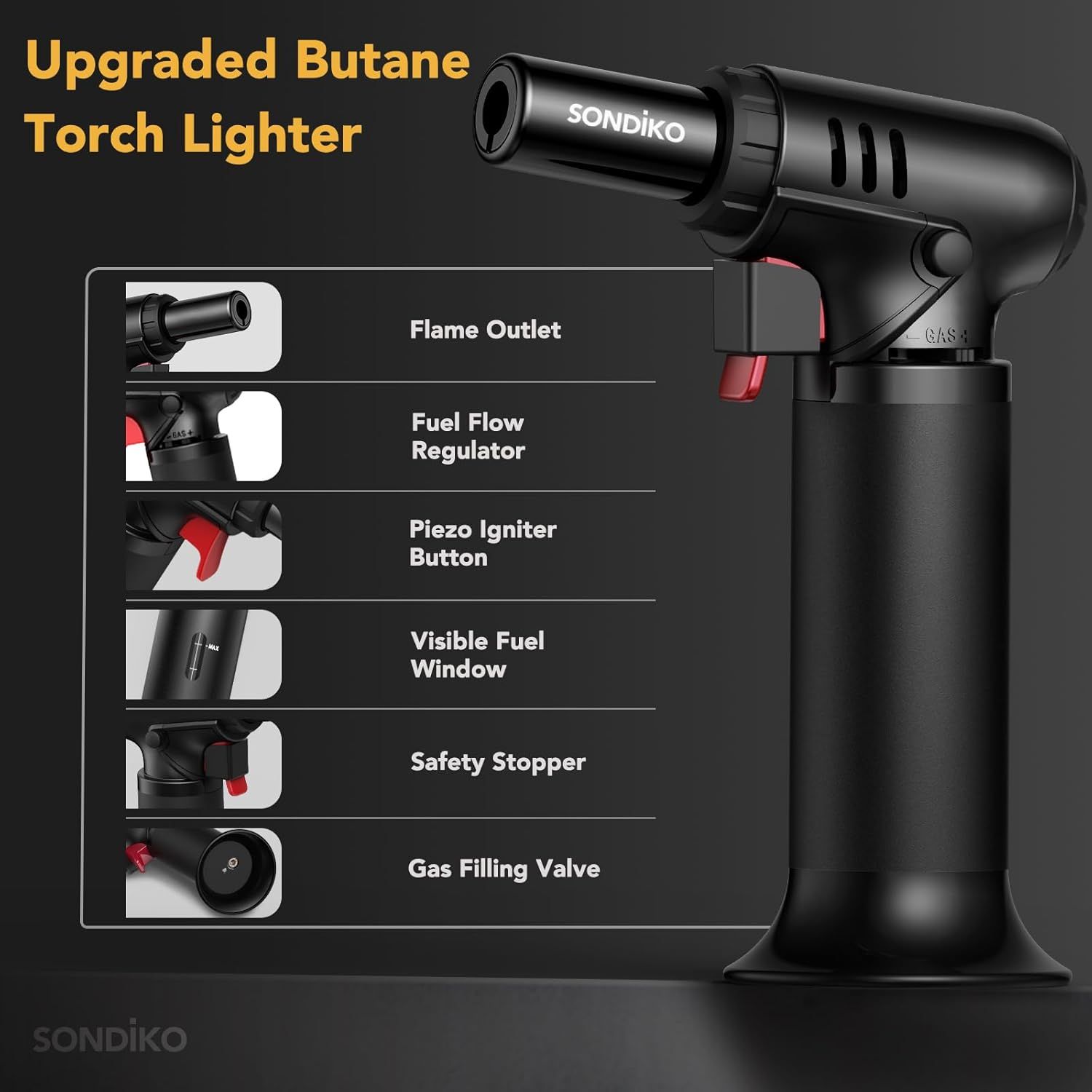 This image breaks down the physical components and parts of the butane torch lighter, helping shoppers understand the product's construction and key functional elements.